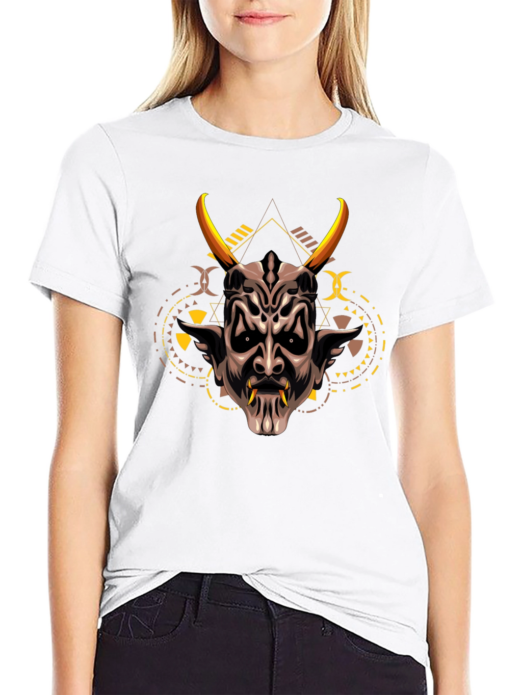 Demon Mask Graphic Print Black T-Shirt