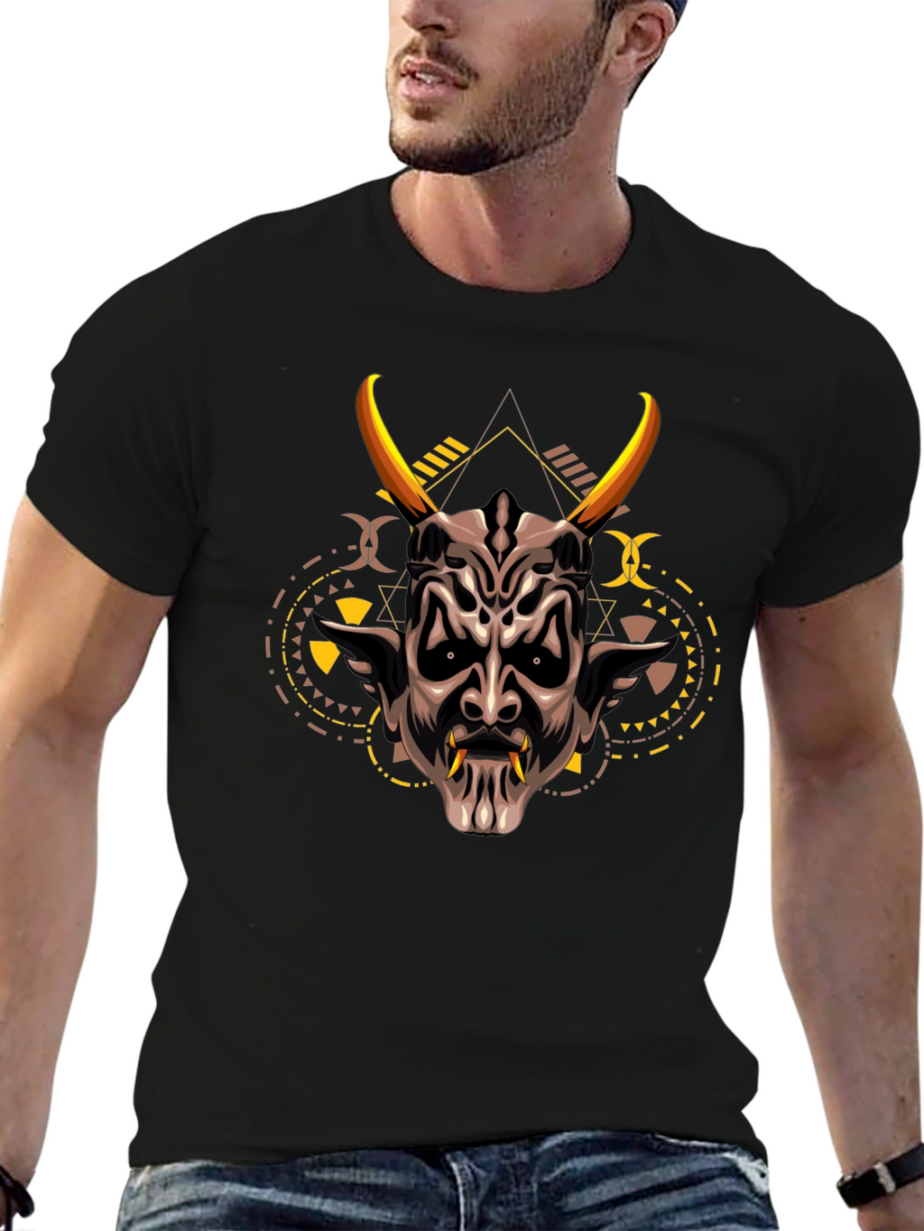 Demon Mask Graphic Print Black T-Shirt