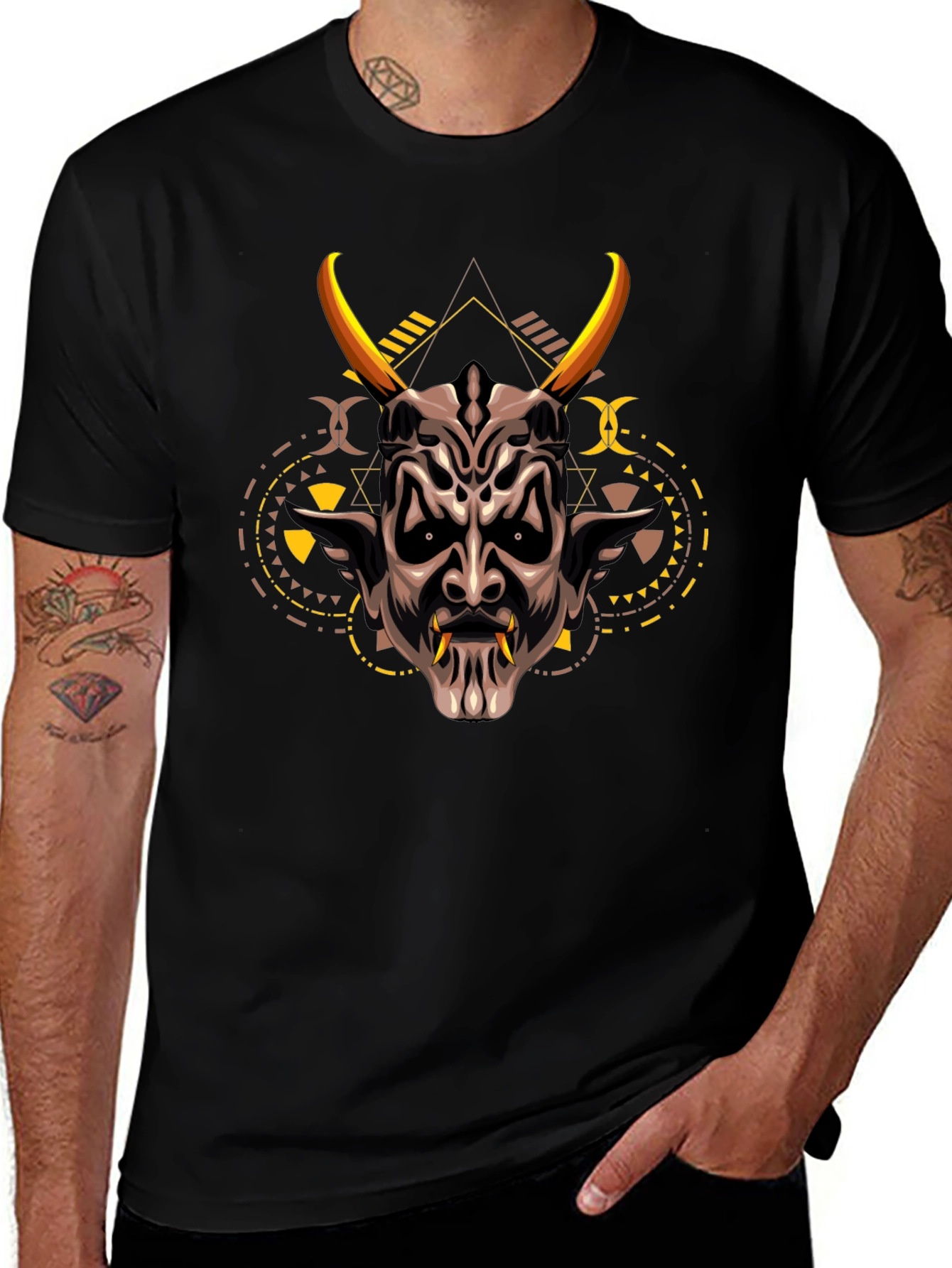 Demon Mask Graphic Print Black T-Shirt