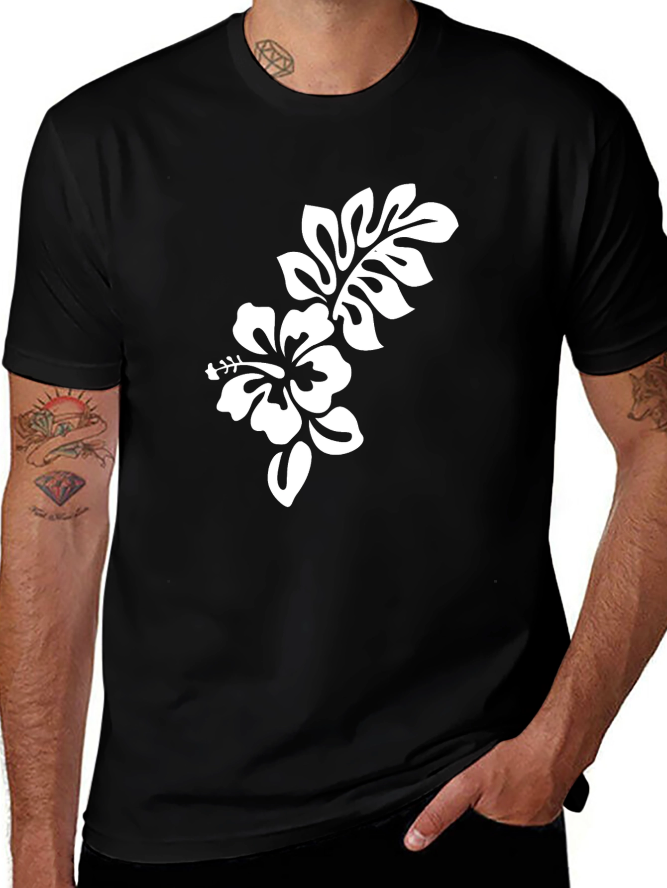 Black T-Shirt with Hibiscus Flower Graphic