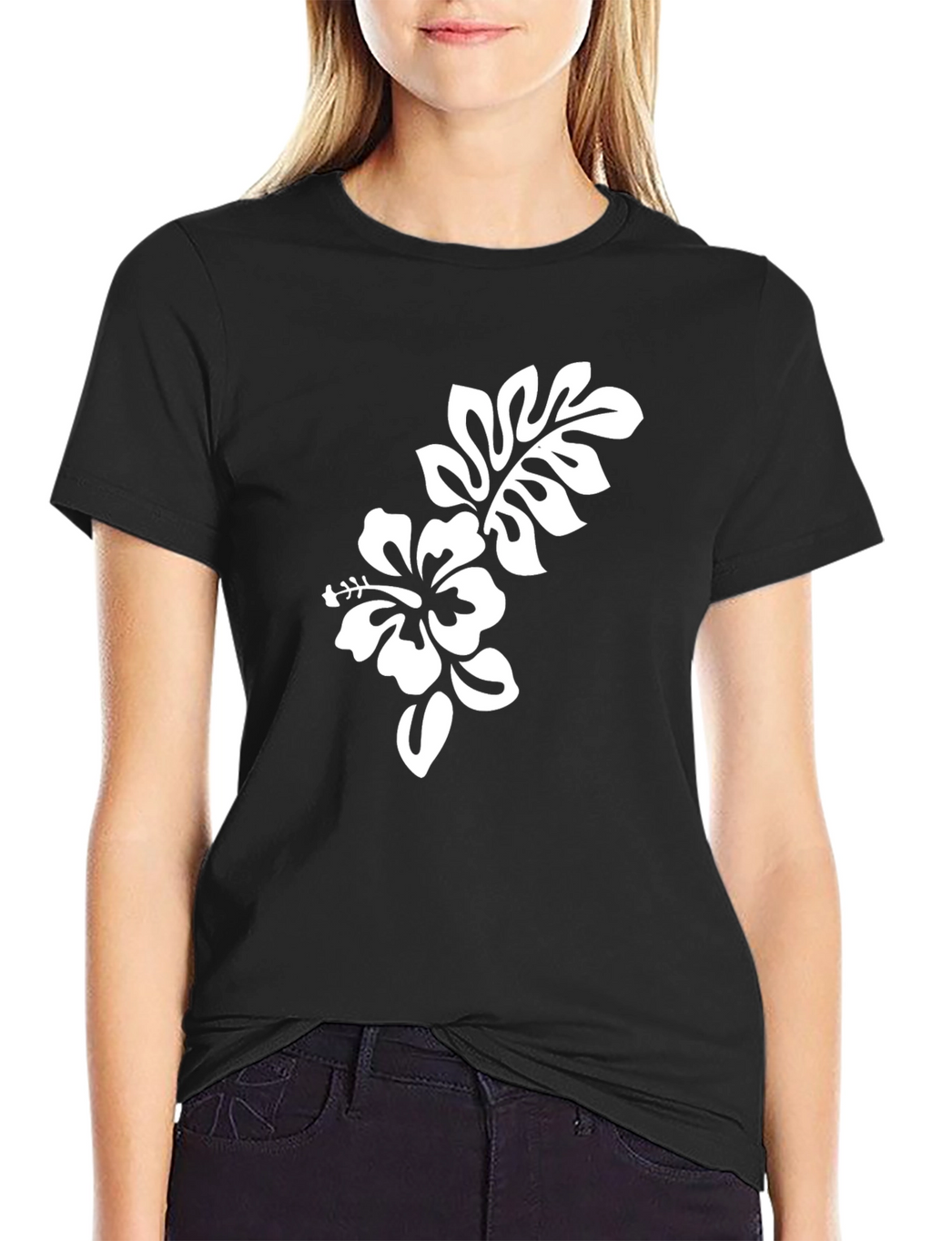 Black T-Shirt with Hibiscus Flower Graphic