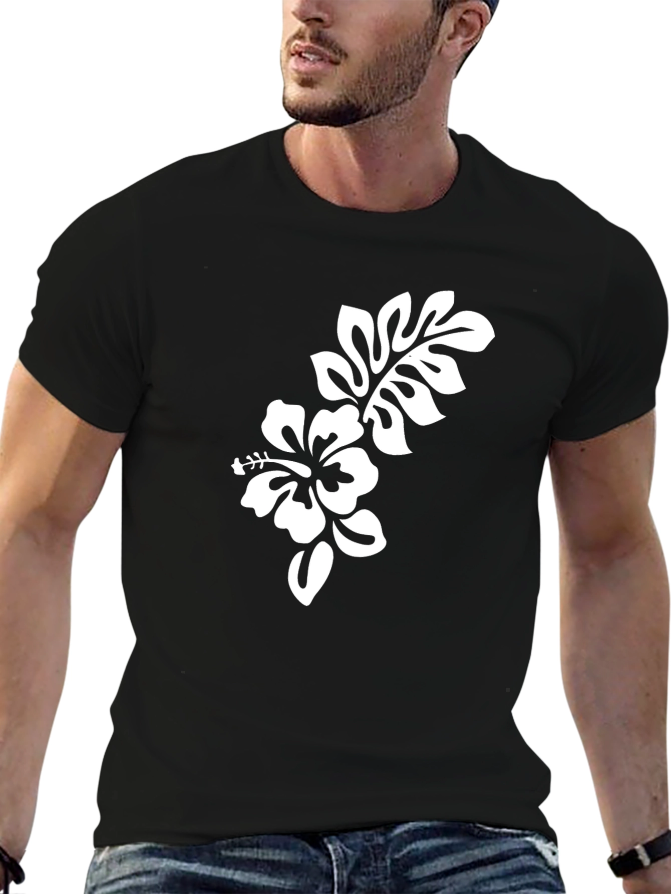 Black T-Shirt with Hibiscus Flower Graphic