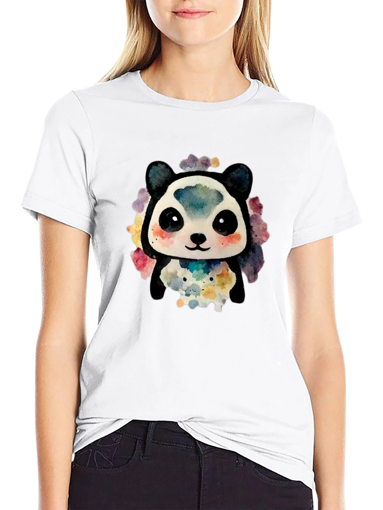 Cute Panda Watercolor Graphic Tee - Black