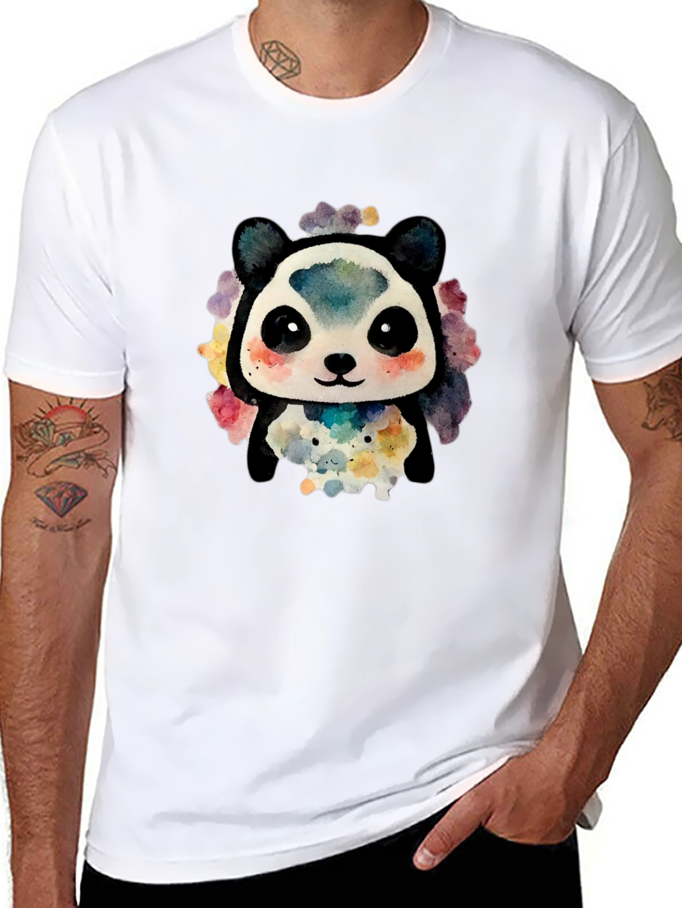 Cute Panda Watercolor Graphic Tee - Black