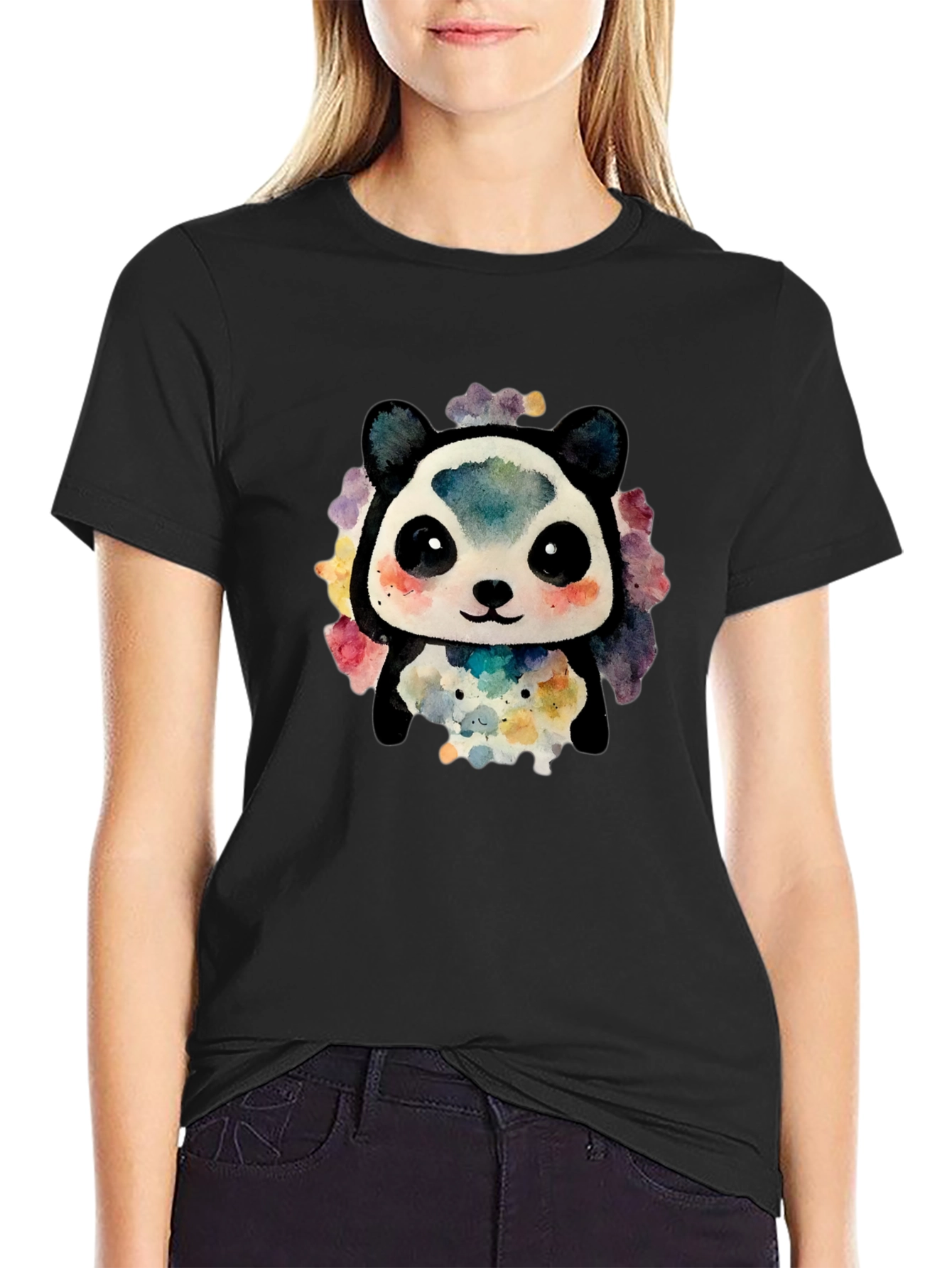 Cute Panda Watercolor Graphic Tee - Black