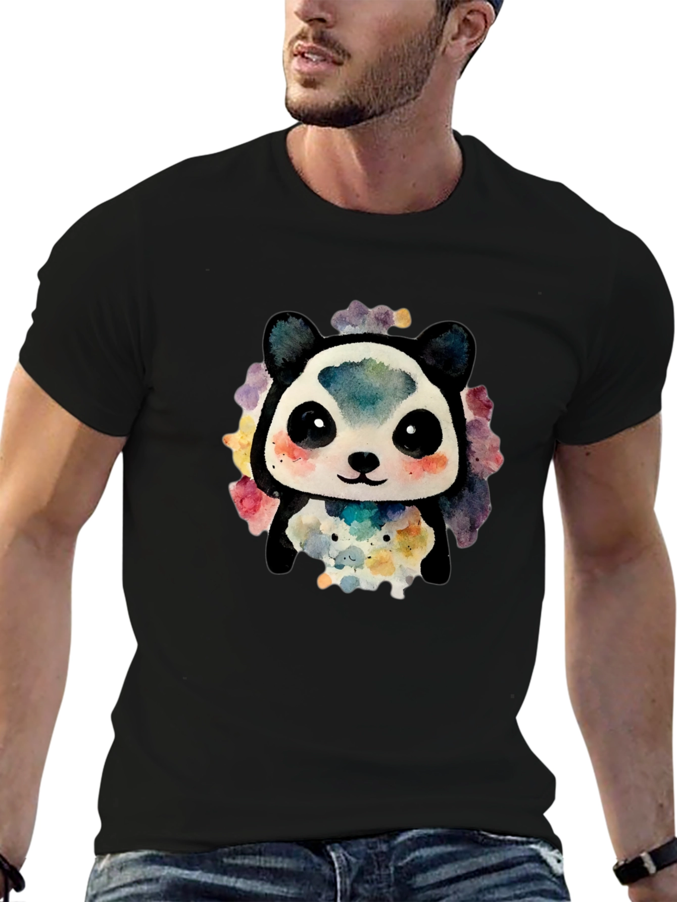 Cute Panda Watercolor Graphic Tee - Black