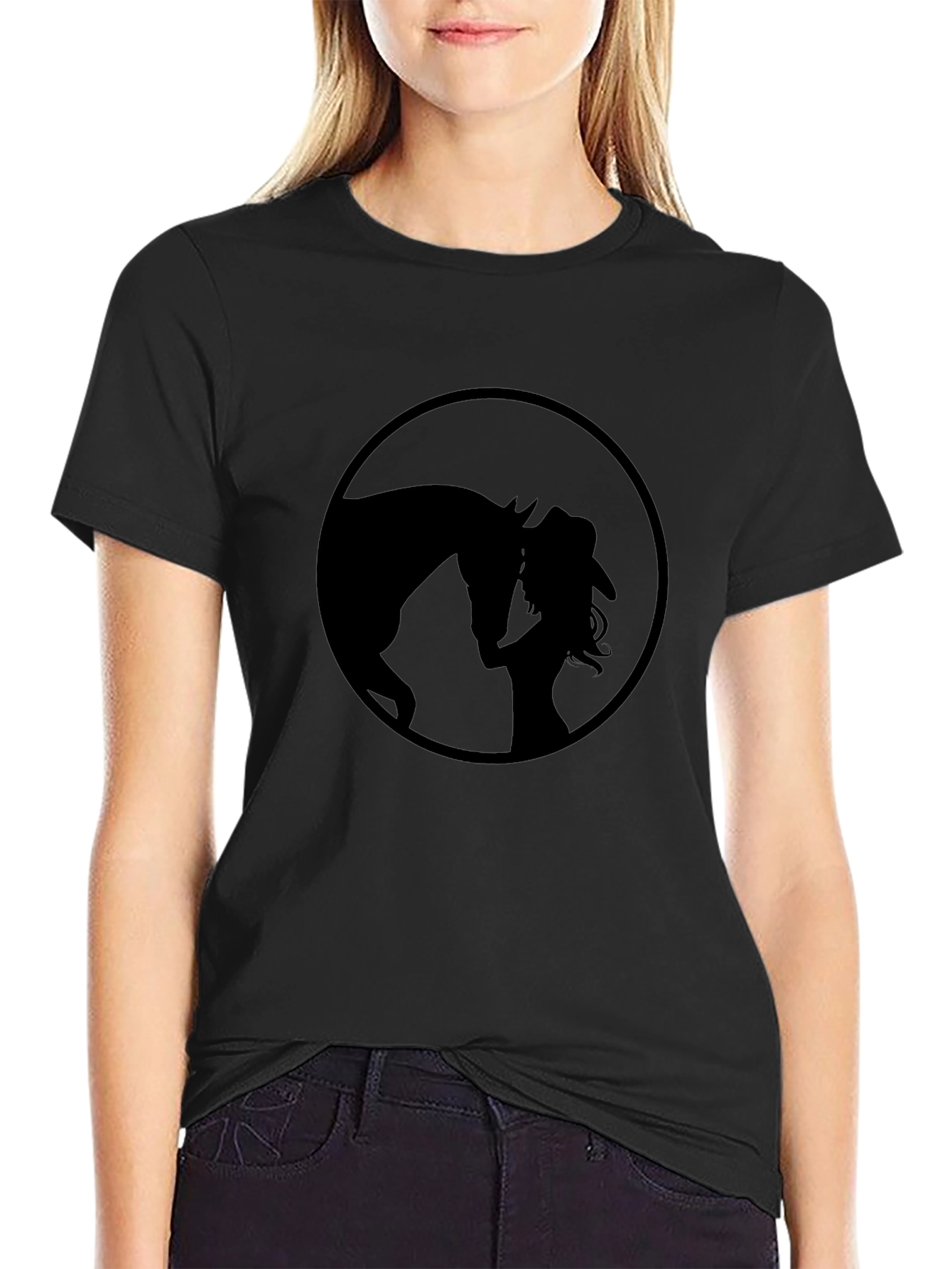 Black Horse & Cowgirl Silhouette Graphic T-Shirt