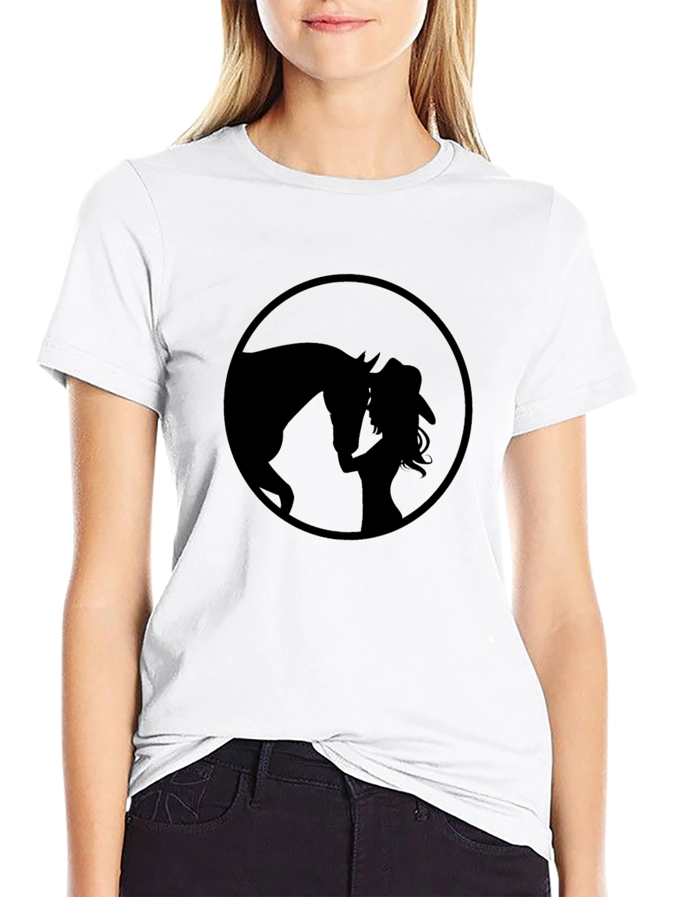 Black Horse & Cowgirl Silhouette Graphic T-Shirt