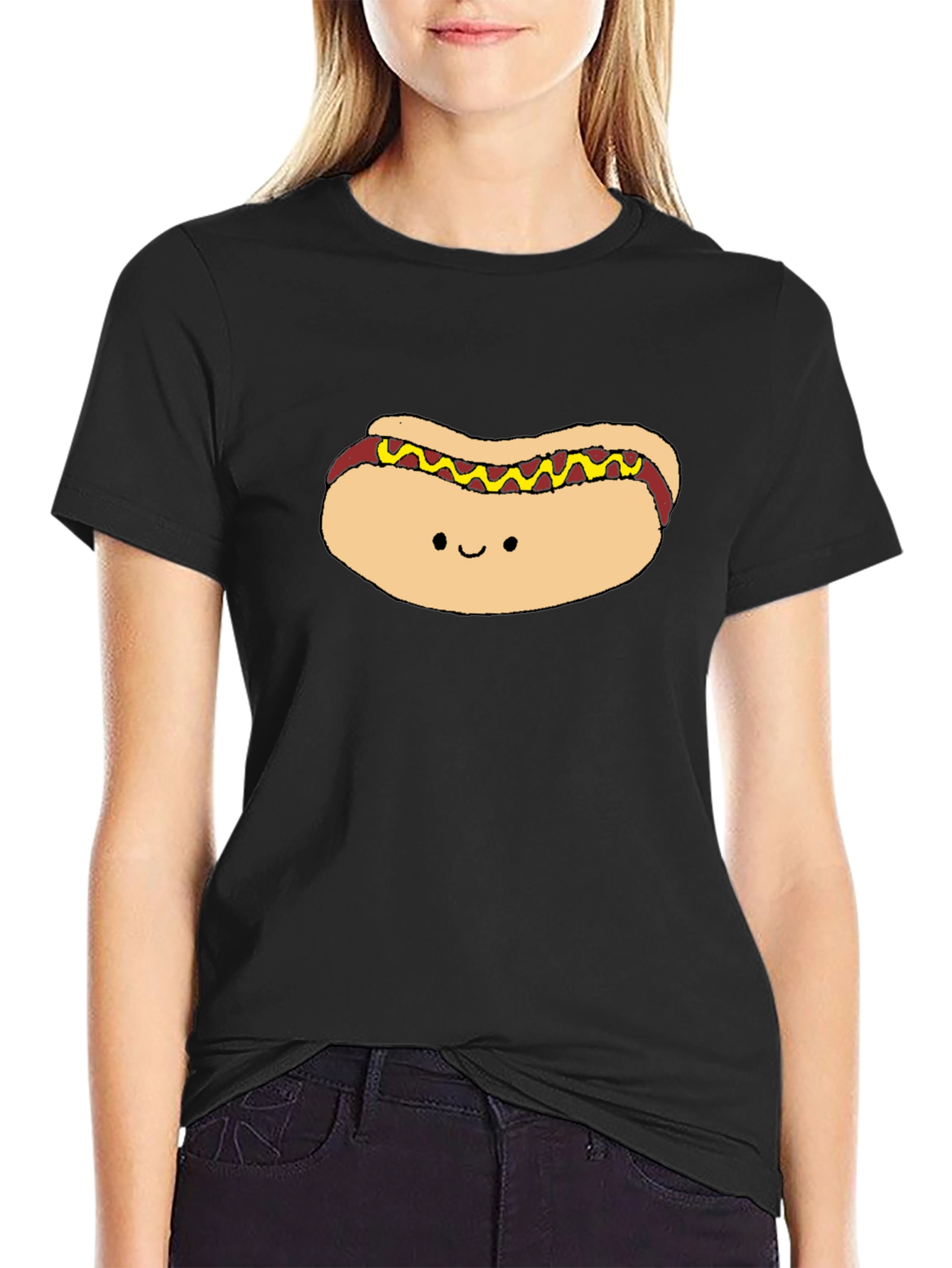 Cute Hotdog Graphic Black T-Shirt
