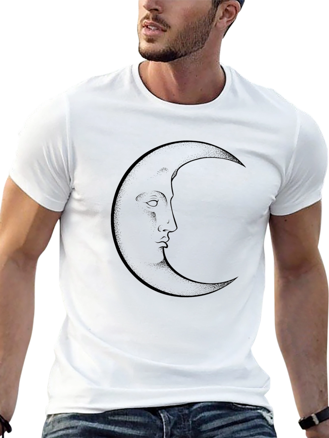 Crescent Moon Face Graphic Tee - Black Cotton T-Shirt