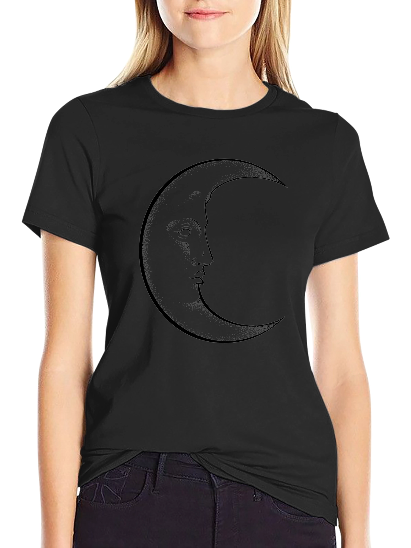 Crescent Moon Face Graphic Tee - Black Cotton T-Shirt