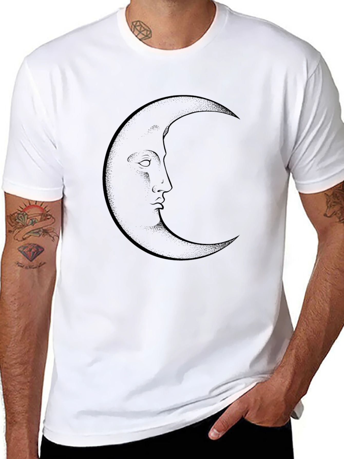 Crescent Moon Face Graphic Tee - Black Cotton T-Shirt