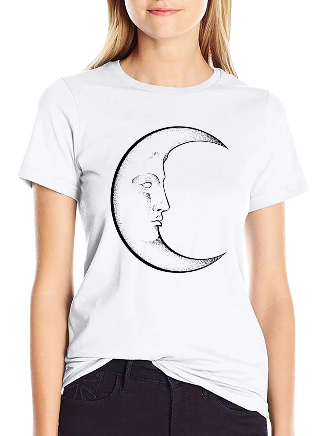 Crescent Moon Face Graphic Tee - Black Cotton T-Shirt
