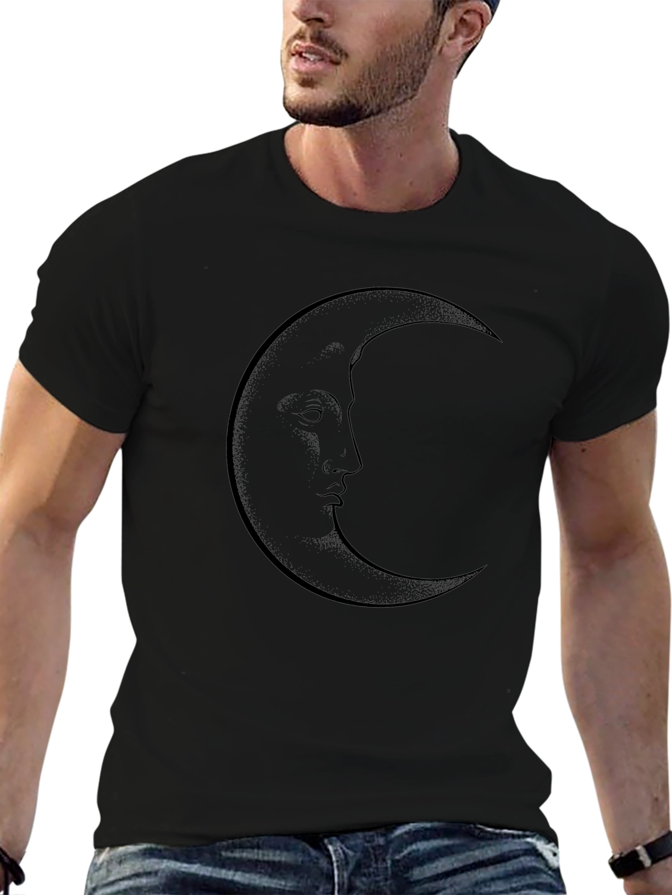 Crescent Moon Face Graphic Tee - Black Cotton T-Shirt