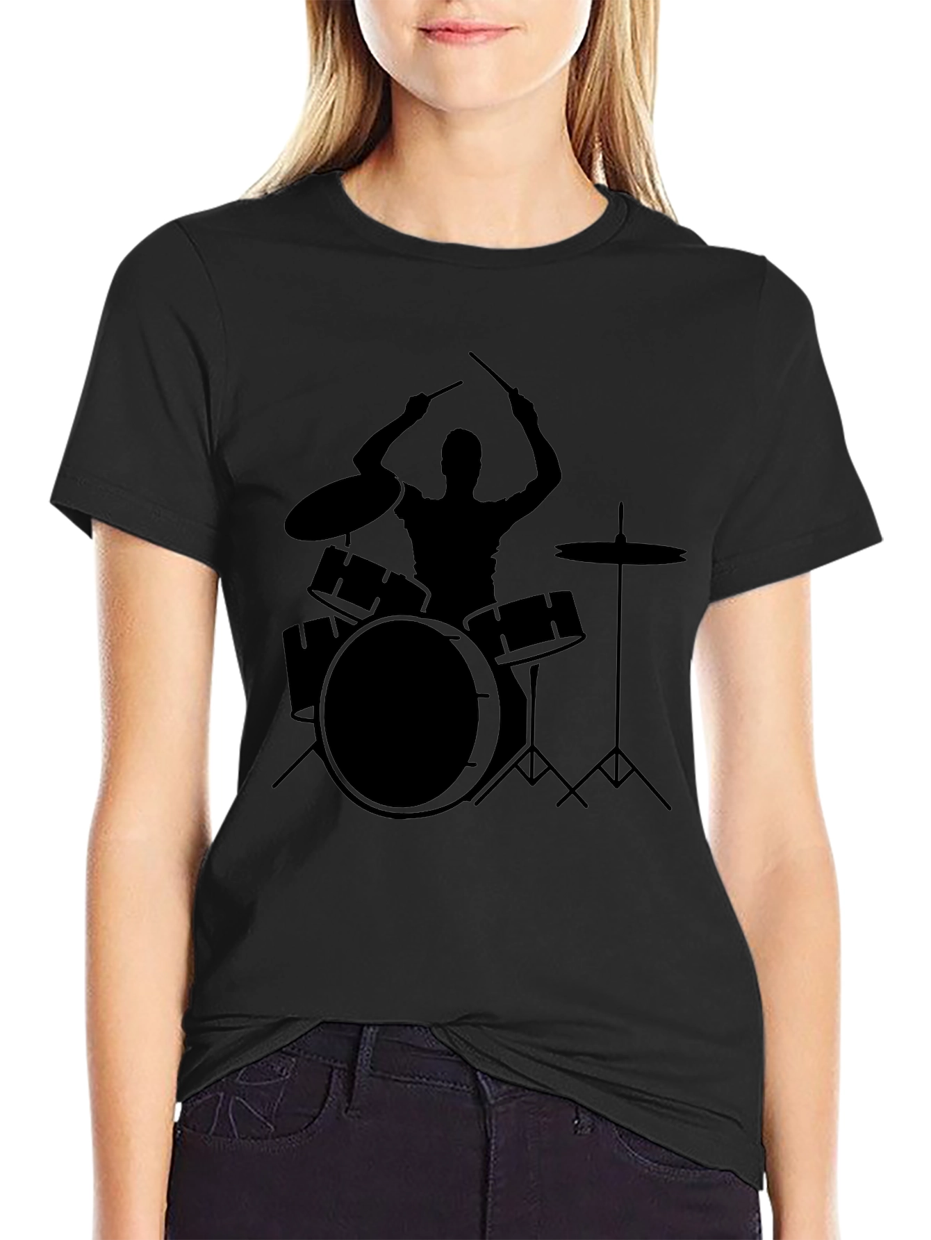 Drummer Silhouette Graphic T-Shirt - Black Cotton Tee