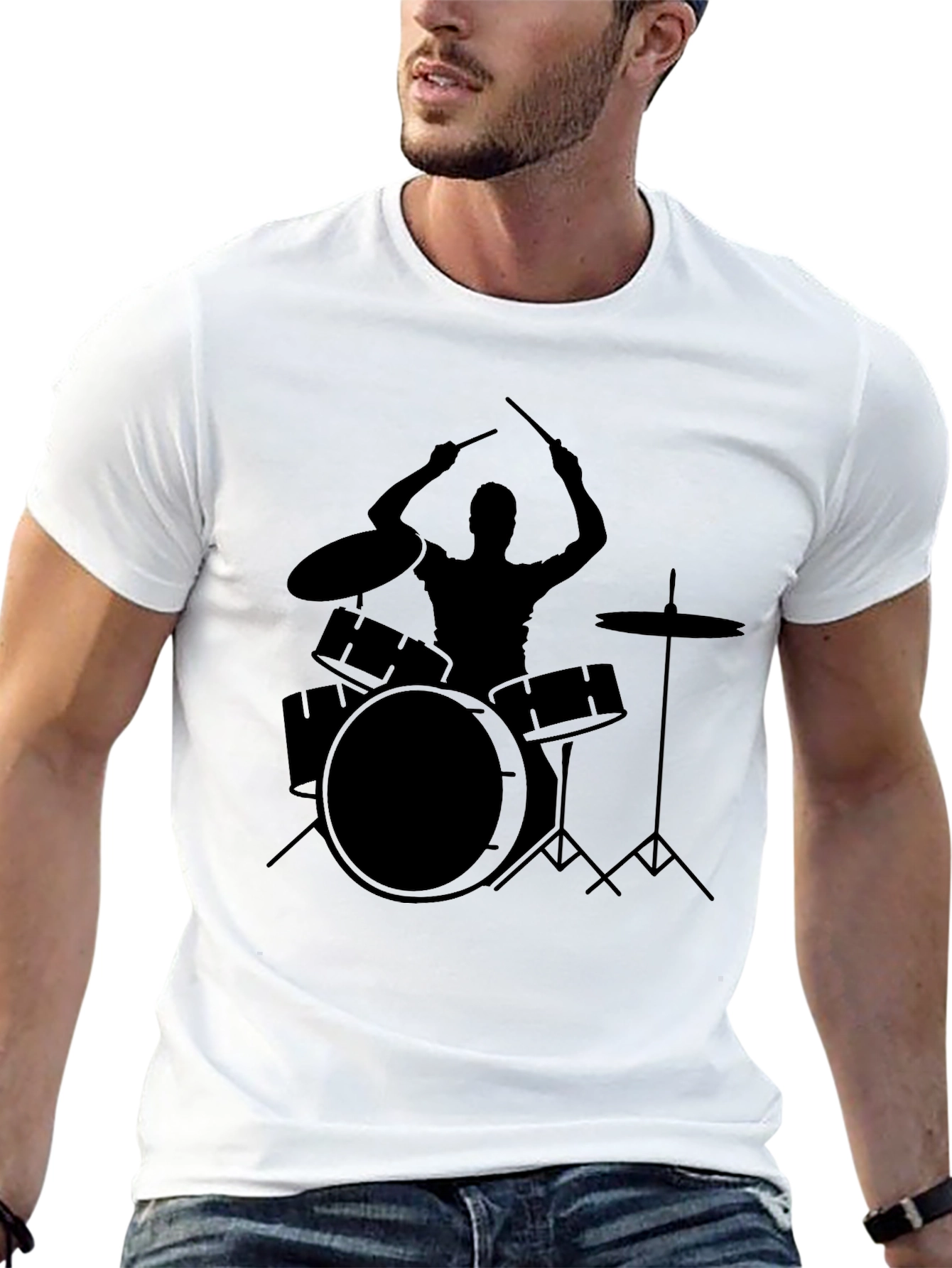 Drummer Silhouette Graphic T-Shirt - Black Cotton Tee