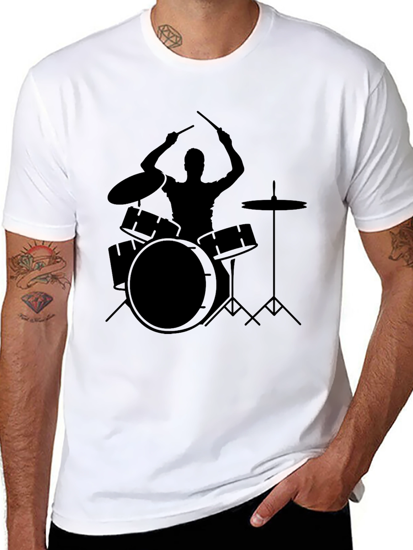 Drummer Silhouette Graphic T-Shirt - Black Cotton Tee