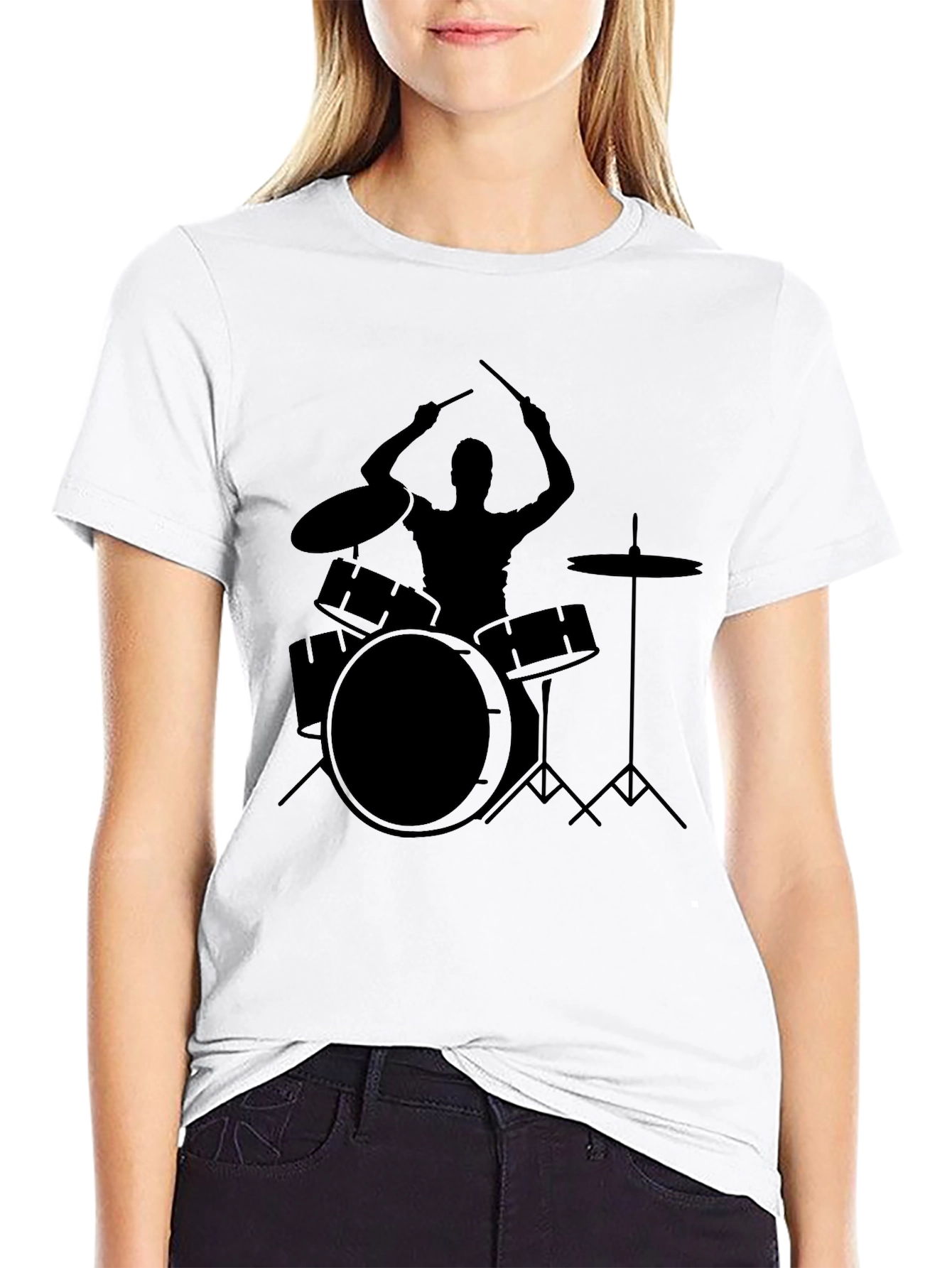 Drummer Silhouette Graphic T-Shirt - Black Cotton Tee