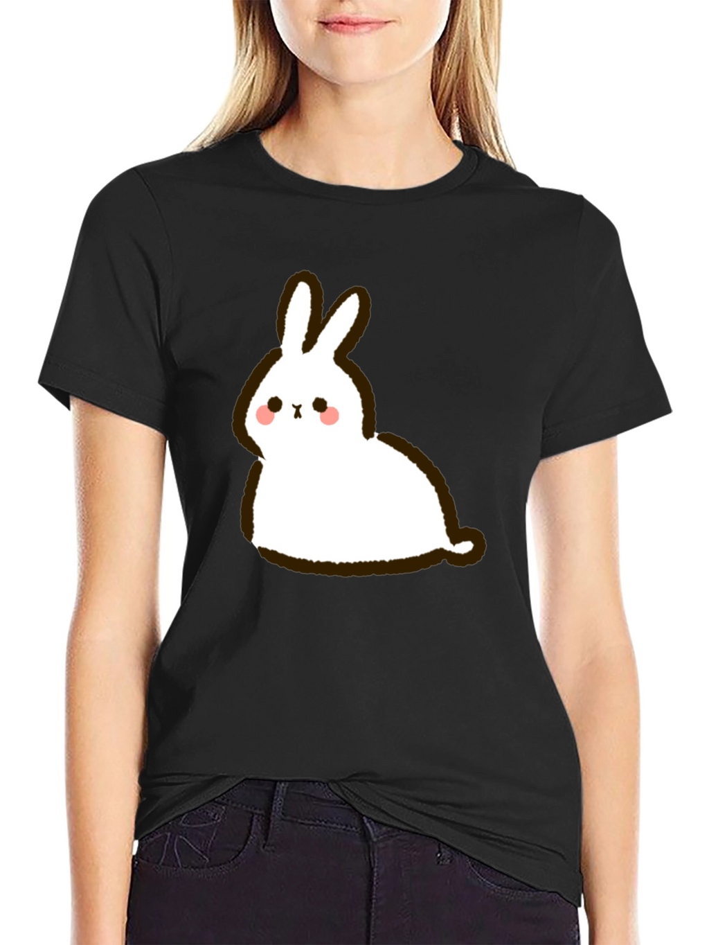Cute Cartoon Rabbit Graphic Black T-Shirt