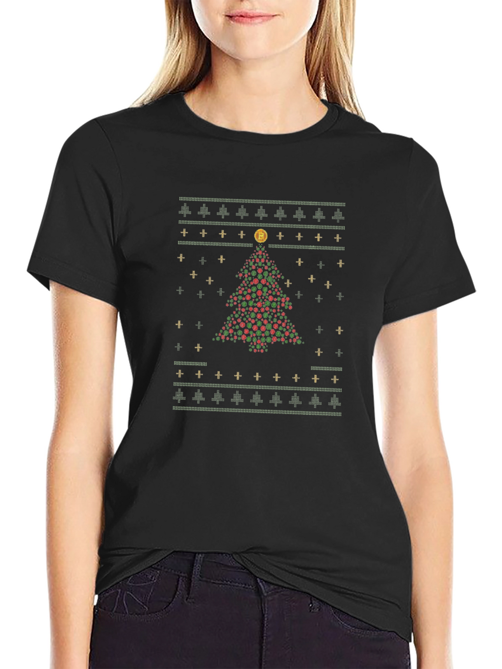 Bitcoin Christmas Tree Holiday Graphic T-Shirt
