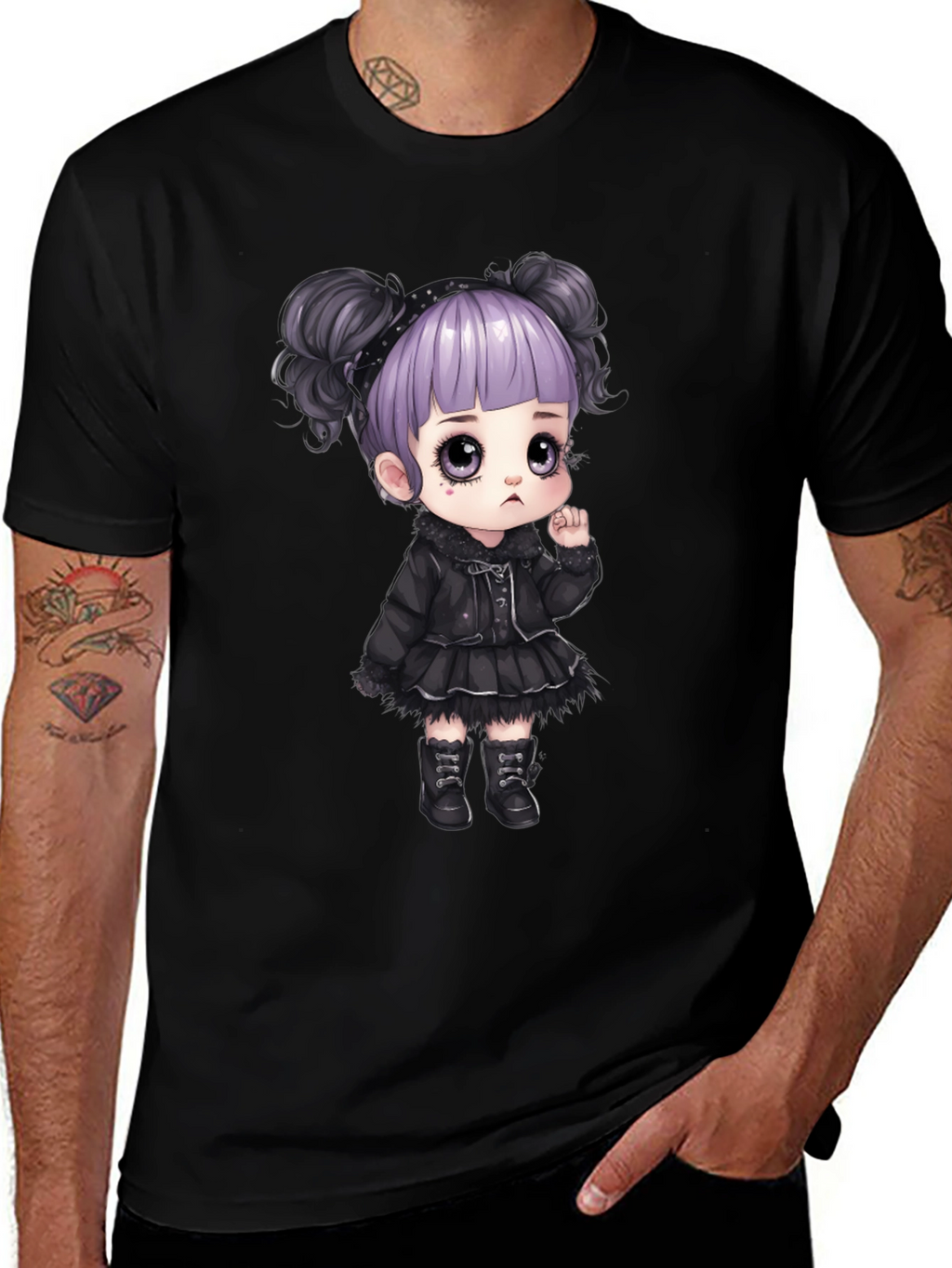 Goth Girl Cartoon Graphic Tee - Black