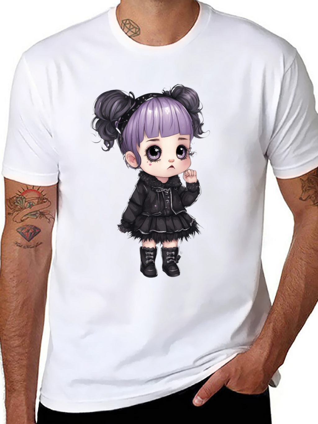 Goth Girl Cartoon Graphic Tee - Black