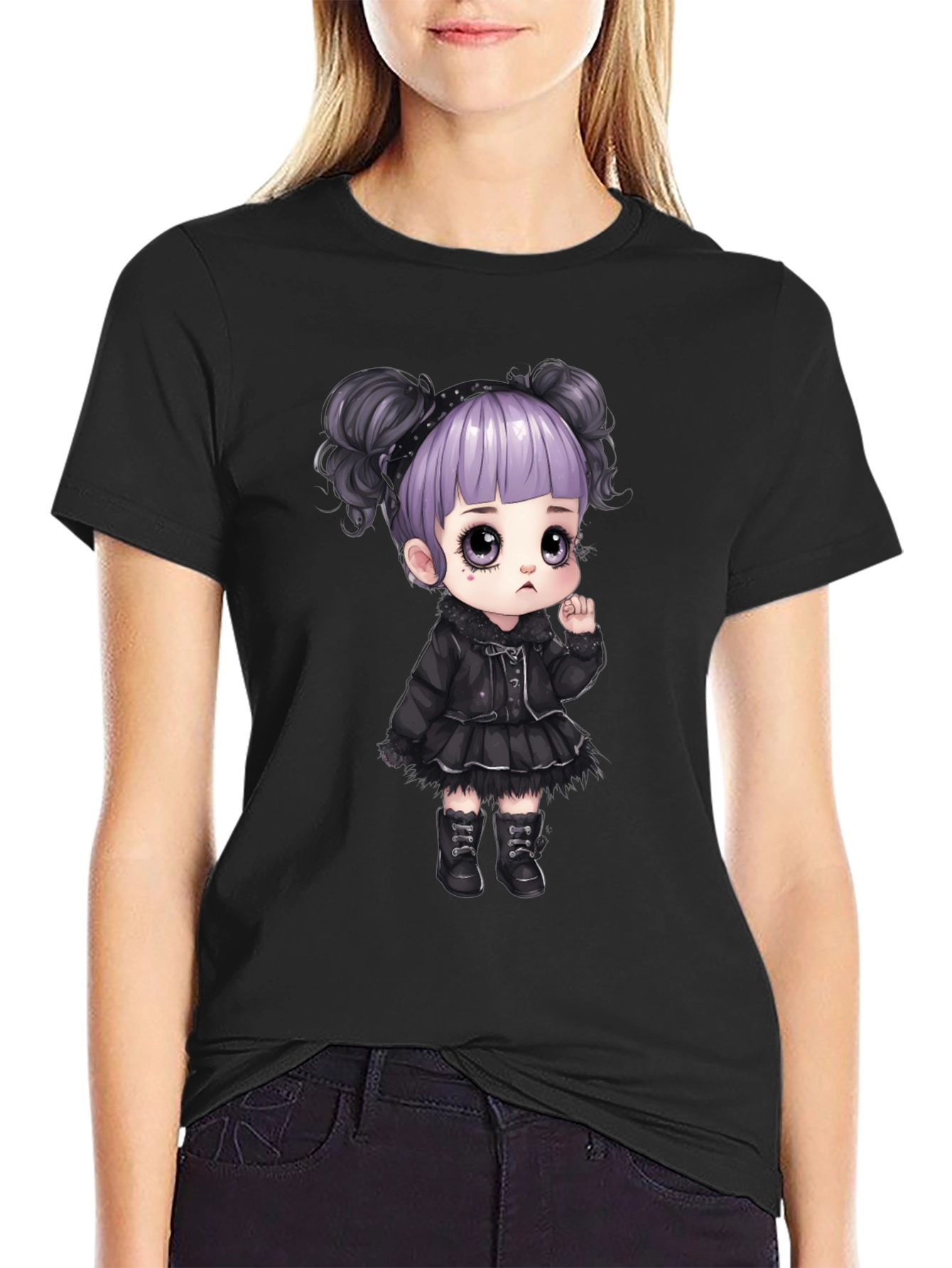Goth Girl Cartoon Graphic Tee - Black