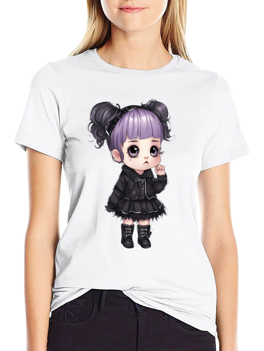 Goth Girl Cartoon Graphic Tee - Black