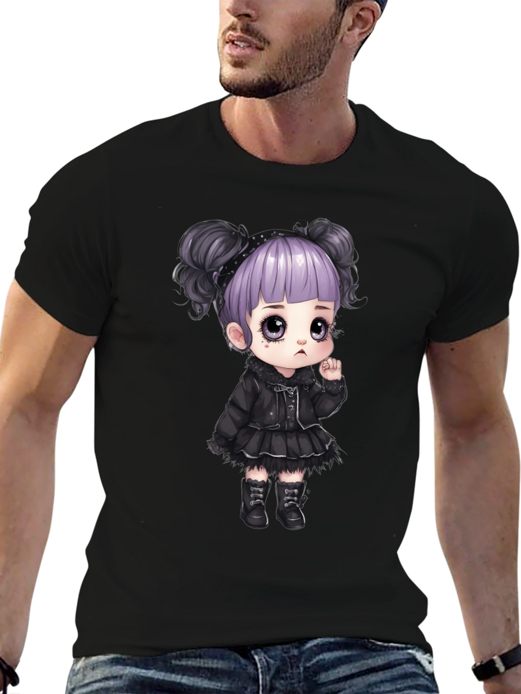 Goth Girl Cartoon Graphic Tee - Black