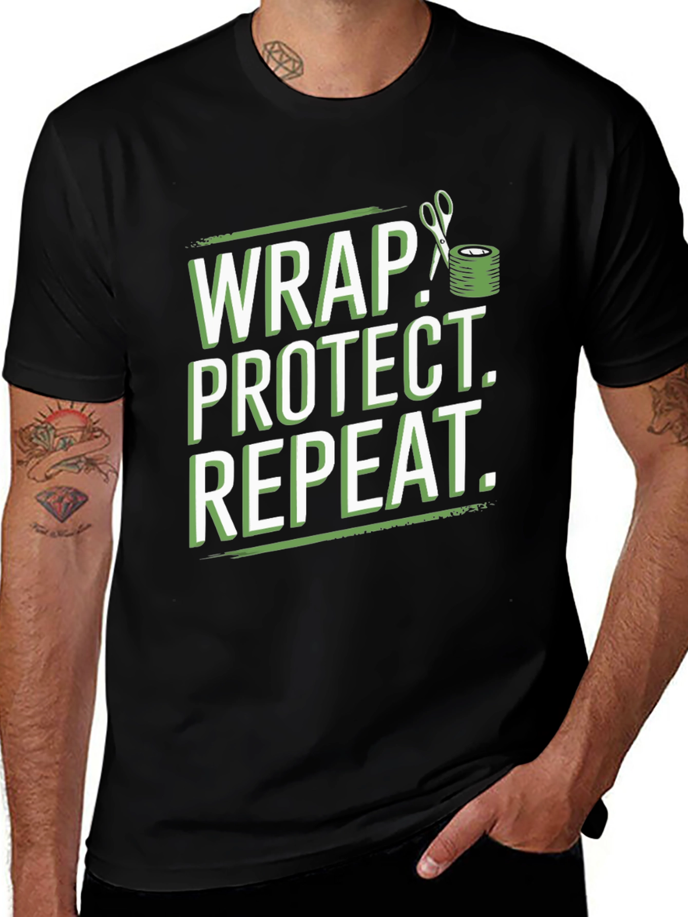 Wrap Protect Repeat Graphic Tee - Black Cotton T-Shirt