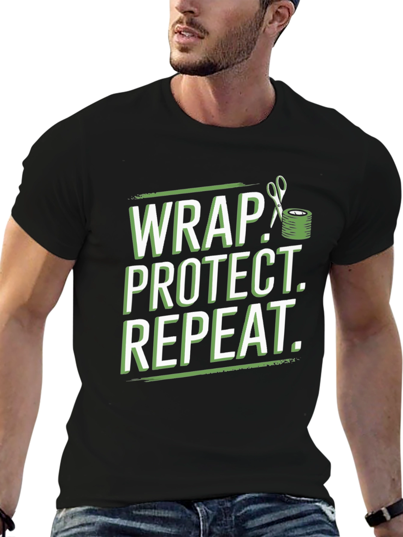 Wrap Protect Repeat Graphic Tee - Black Cotton T-Shirt