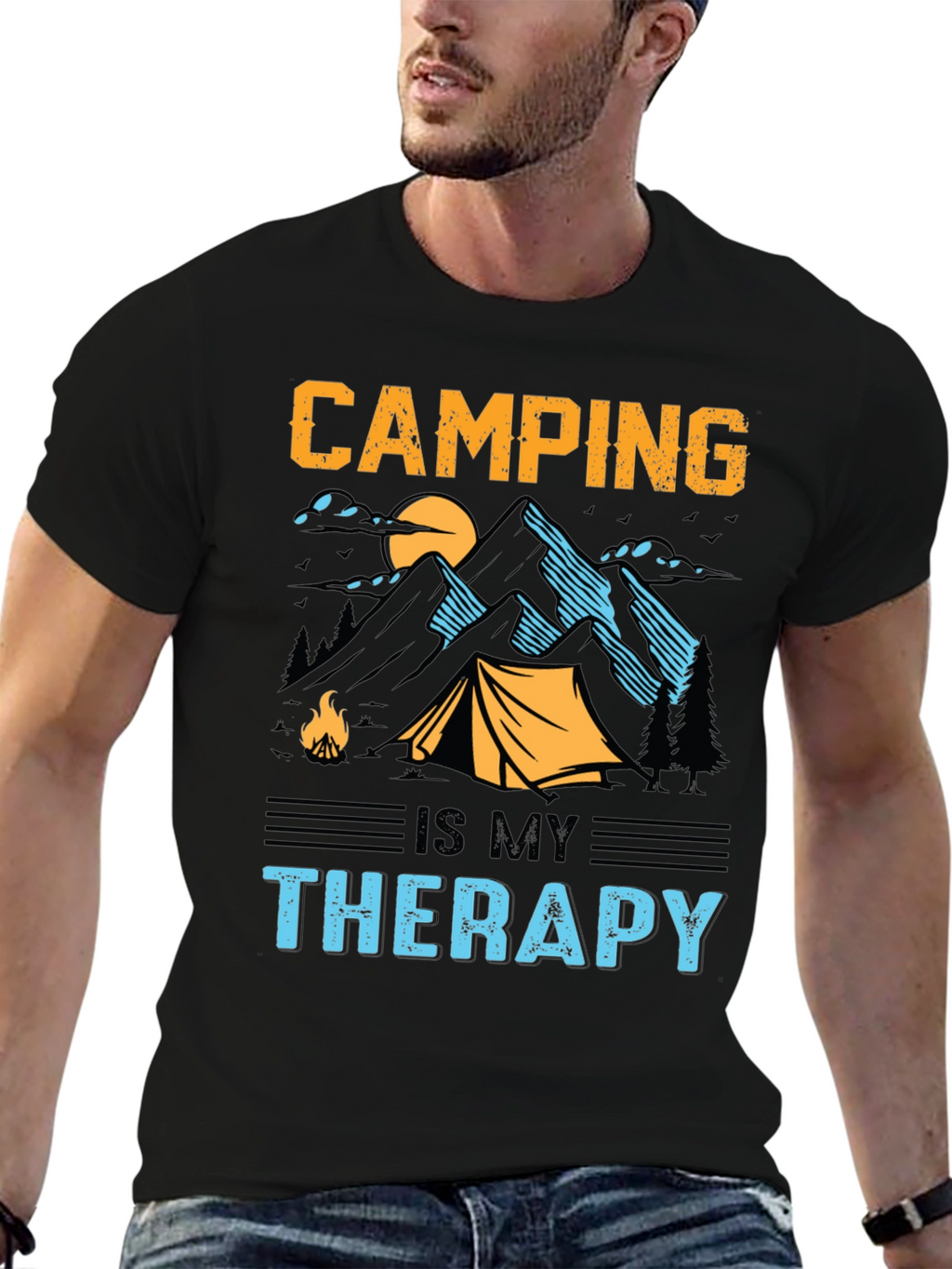 Camping is My Therapy Black Graphic T-Shirt