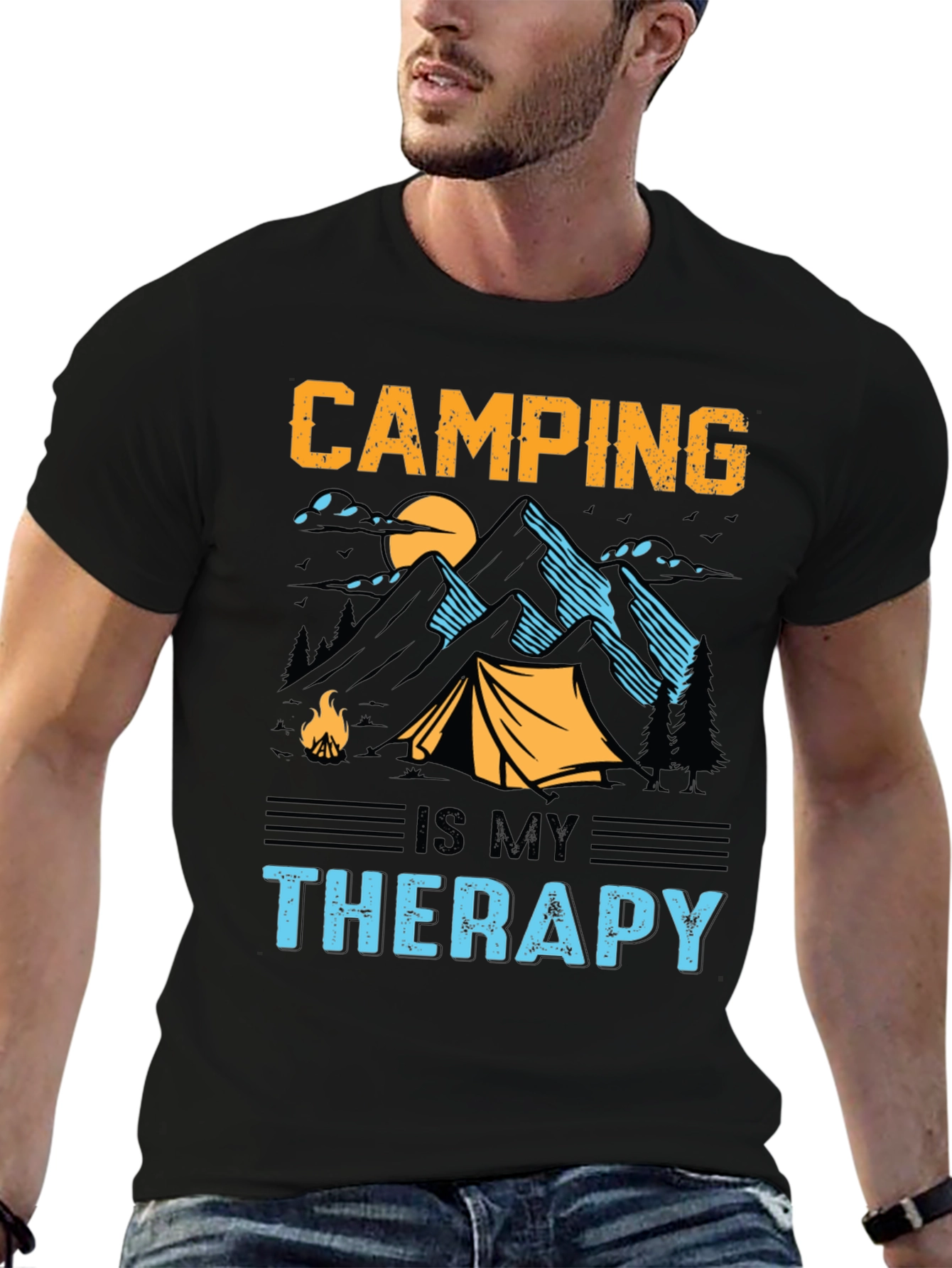 Camping is My Therapy Black Graphic T-Shirt
