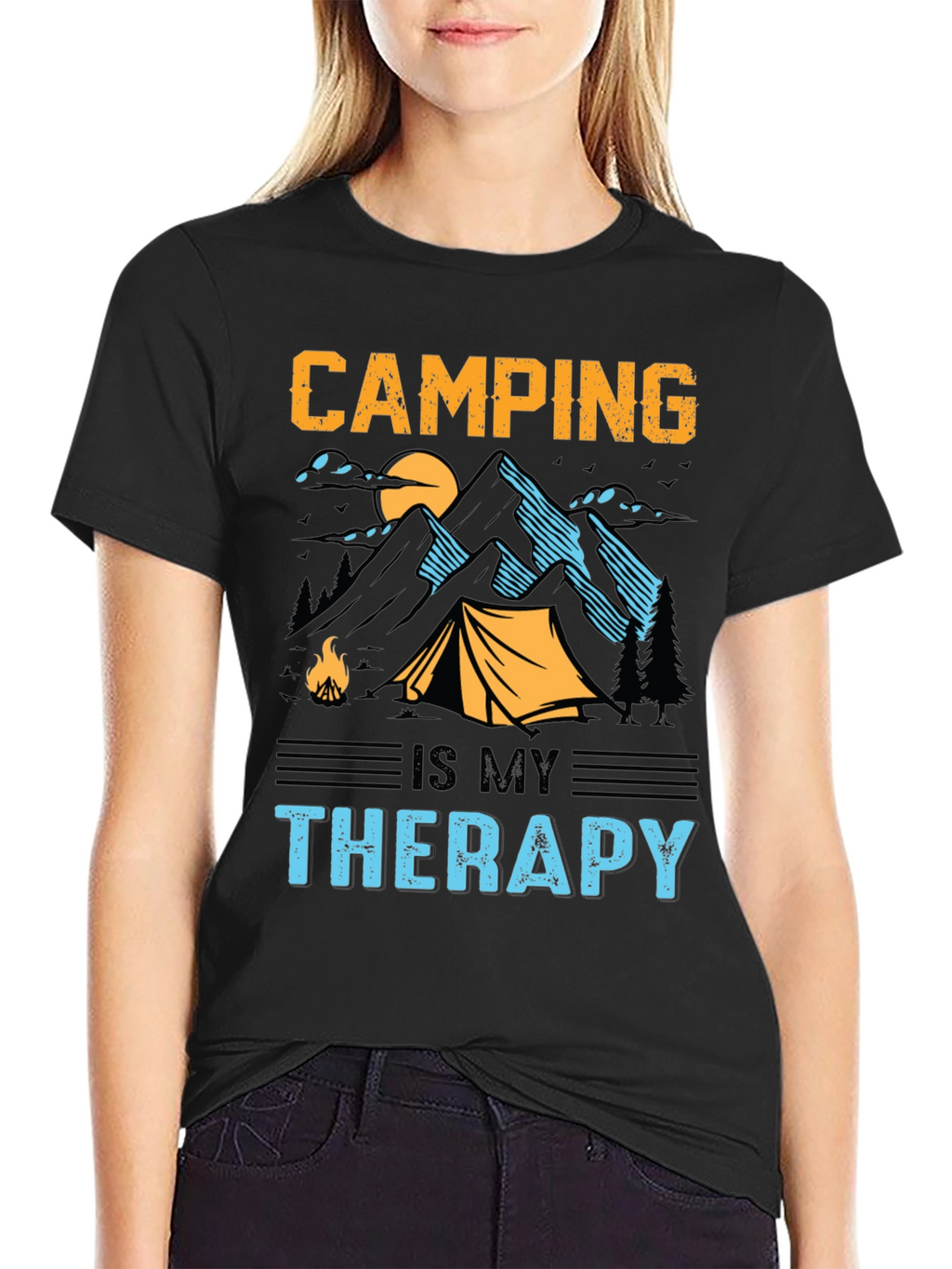Camping is My Therapy Black Graphic T-Shirt