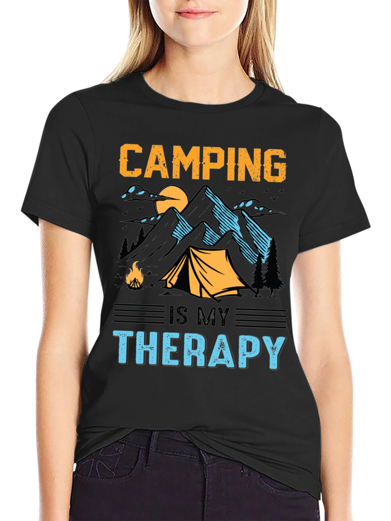 Camping is My Therapy Black Graphic T-Shirt