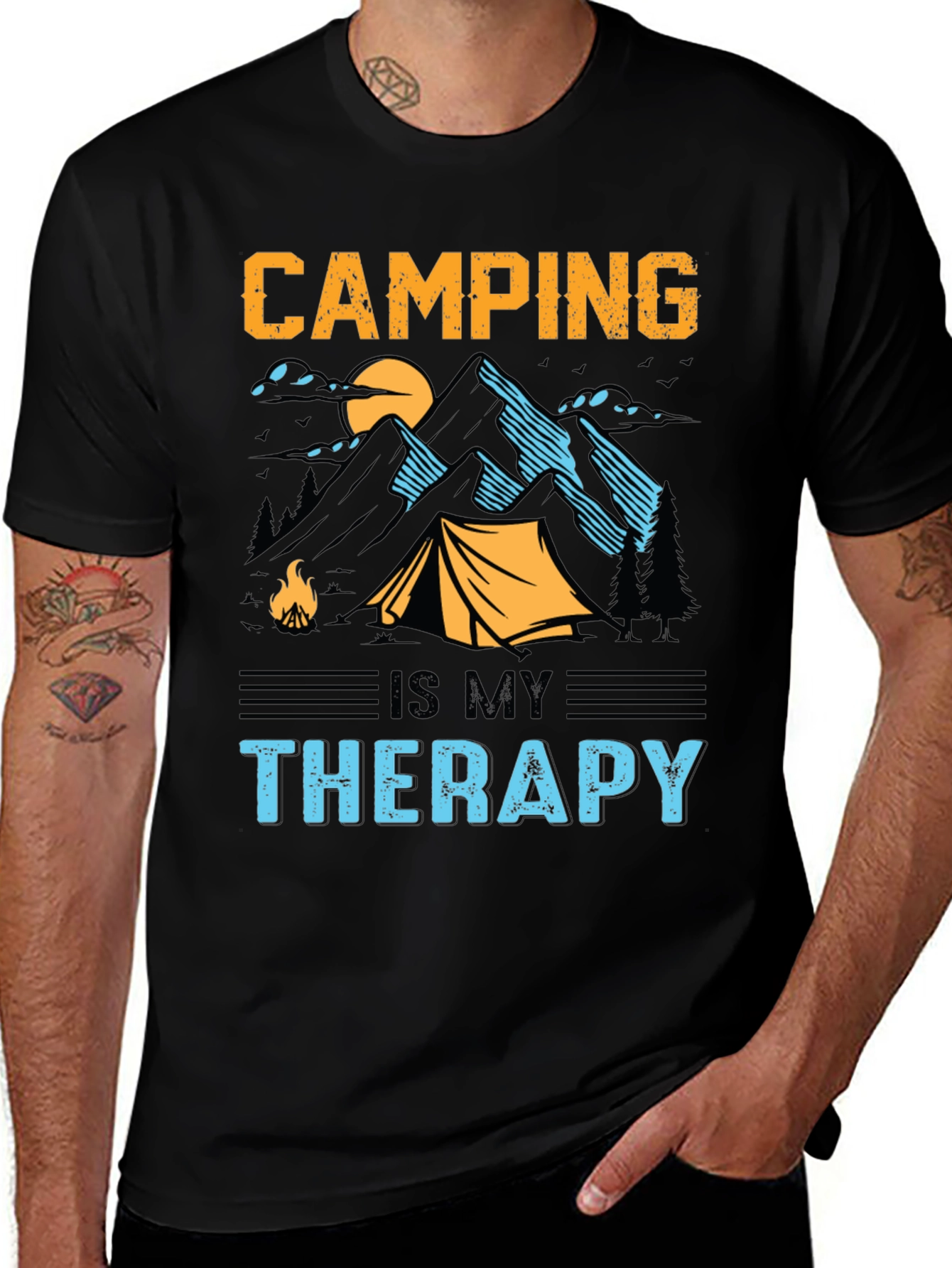 Camping is My Therapy Black Graphic T-Shirt