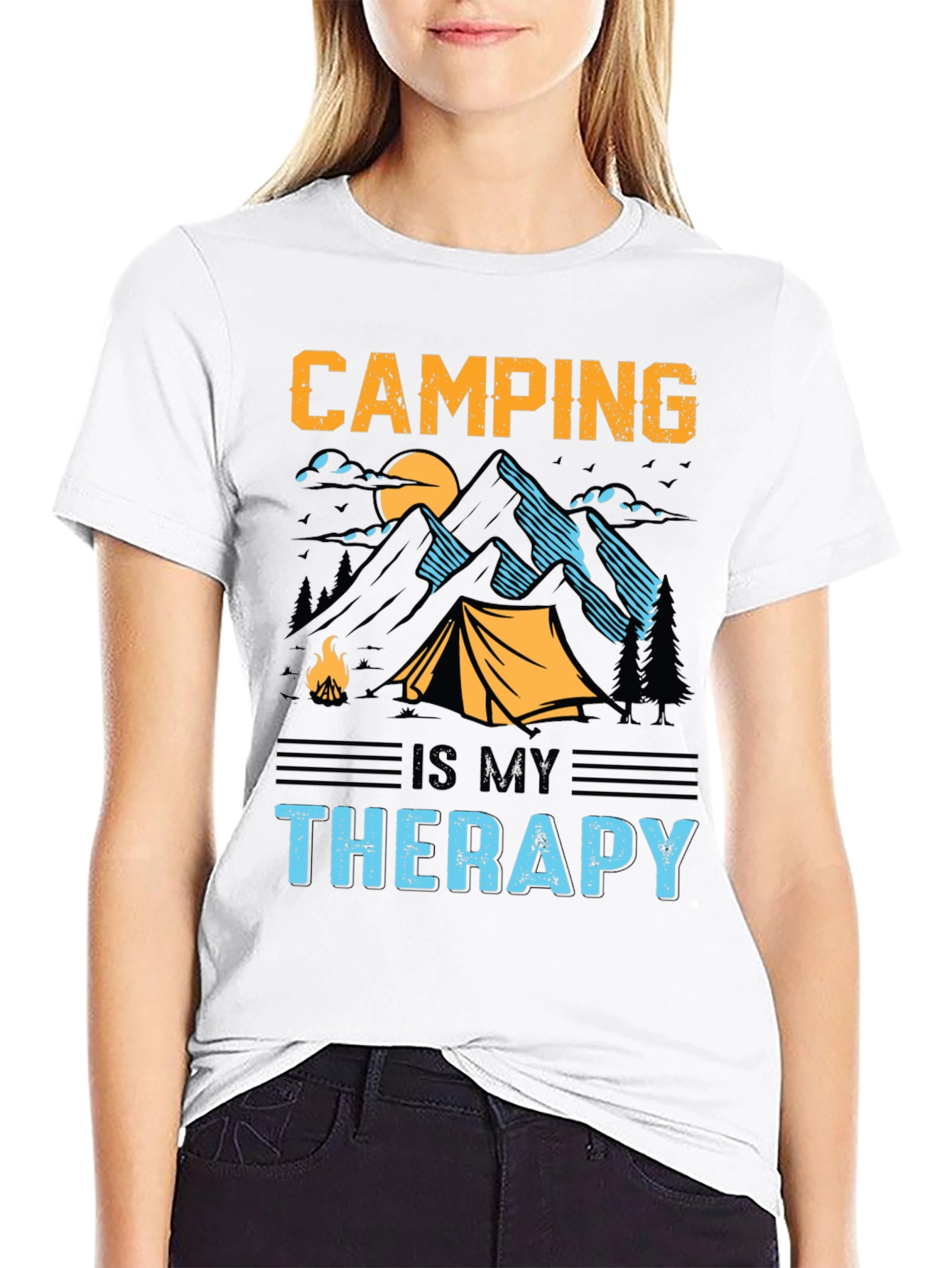 Camping is My Therapy Black Graphic T-Shirt