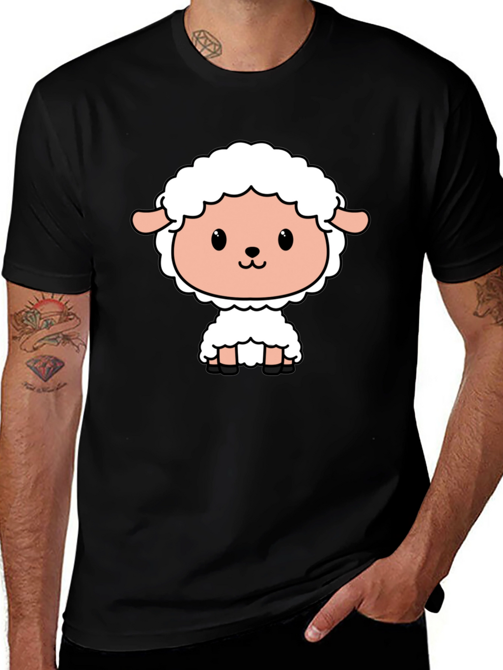 Cute Cartoon Sheep Black T-Shirt