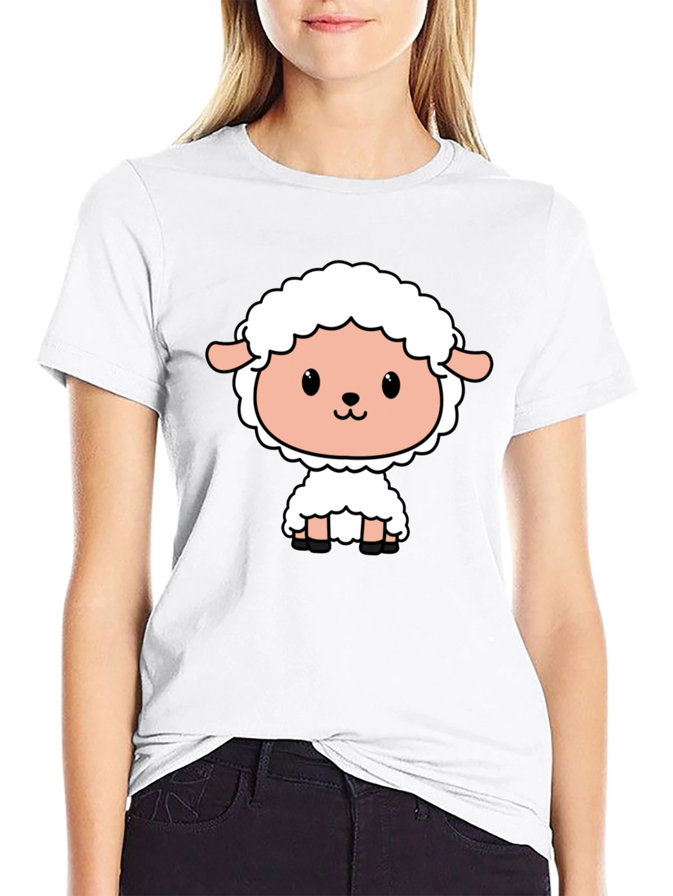 Cute Cartoon Sheep Black T-Shirt