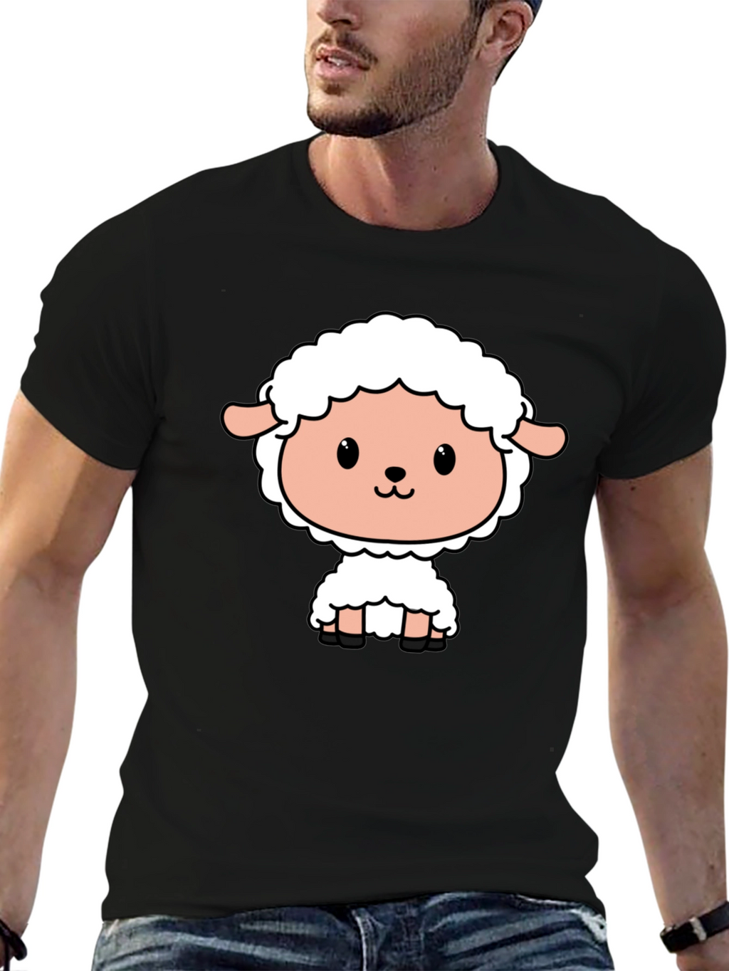 Cute Cartoon Sheep Black T-Shirt