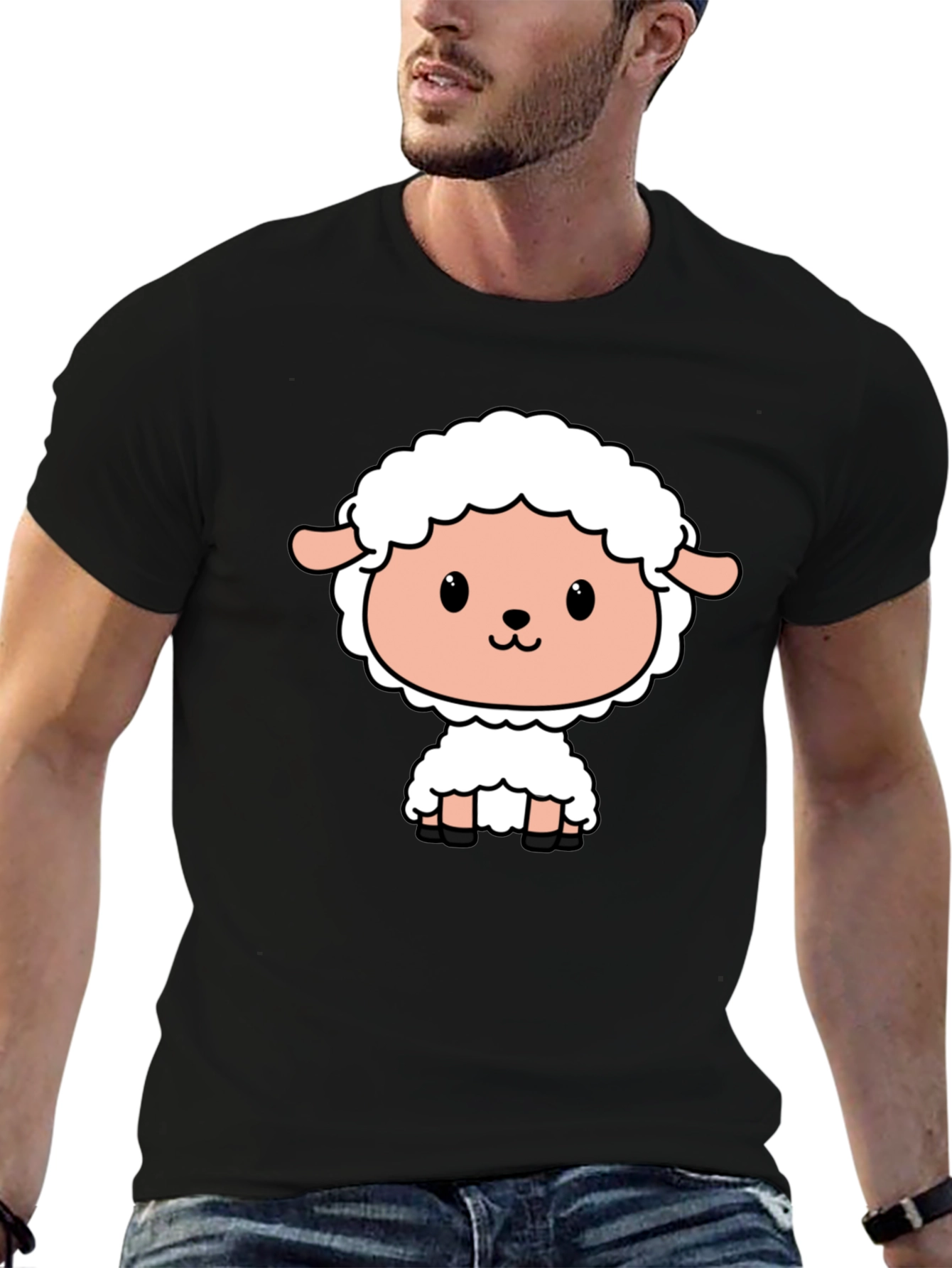 Cute Cartoon Sheep Black T-Shirt