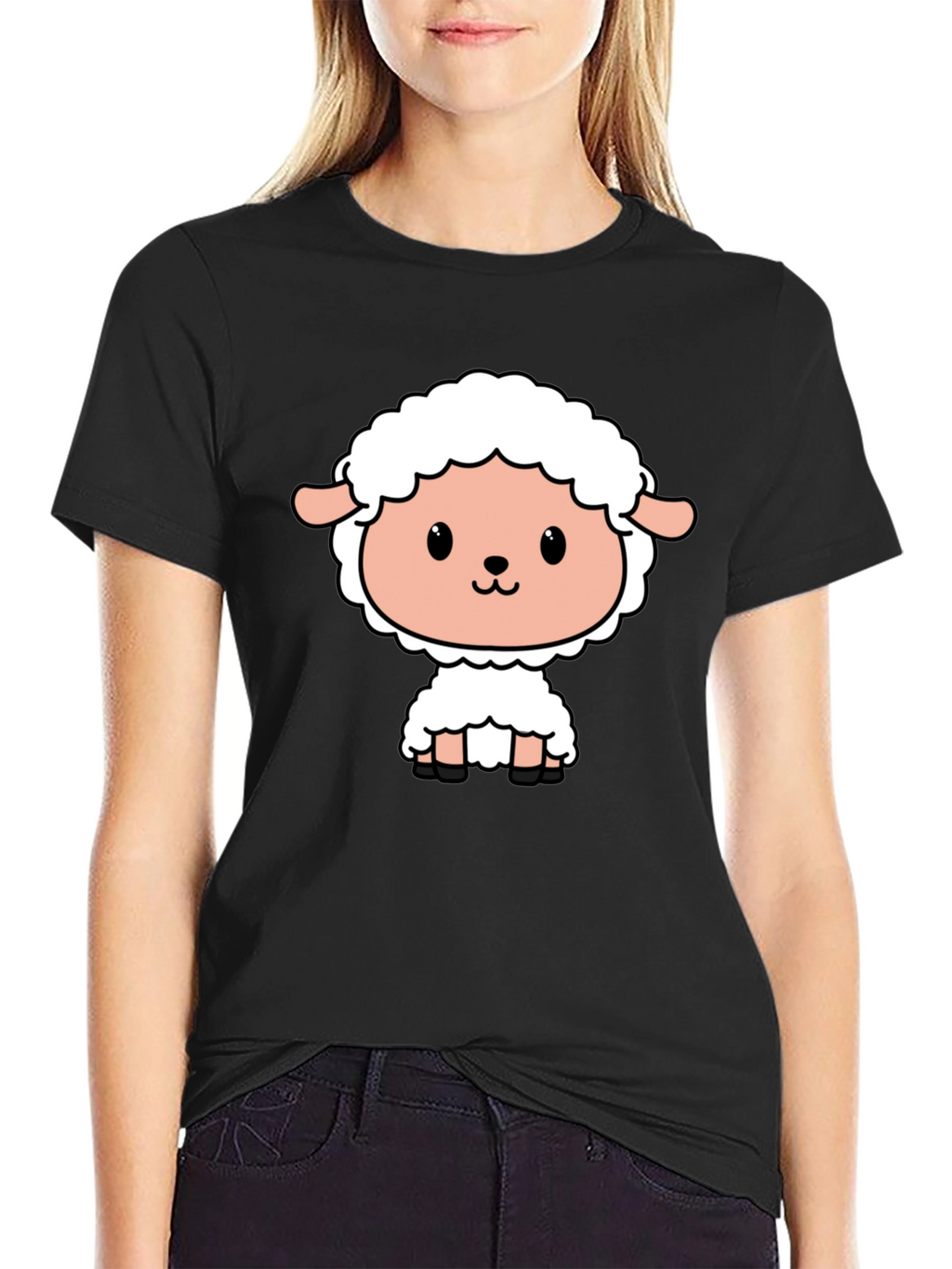 Cute Cartoon Sheep Black T-Shirt