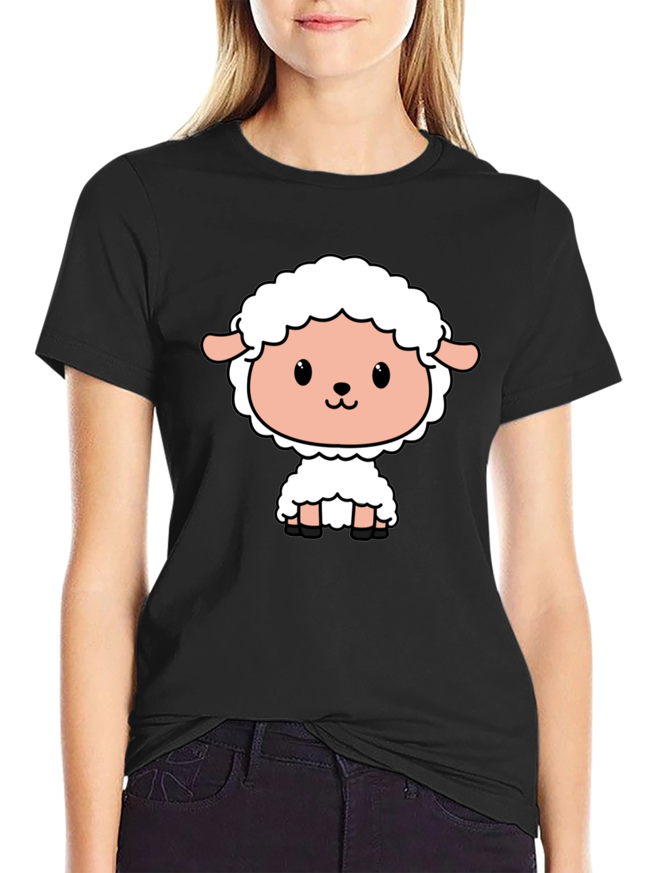 Cute Cartoon Sheep Black T-Shirt