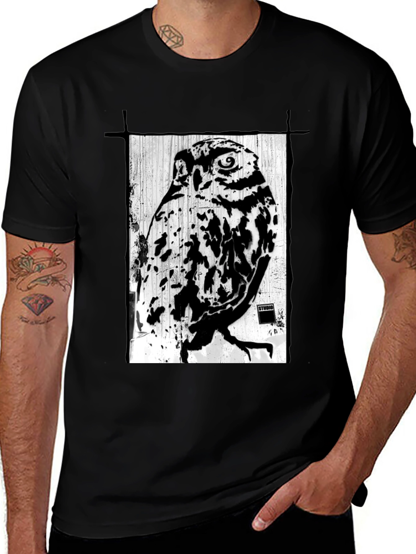 Black T-Shirt with Owl Graphic Print