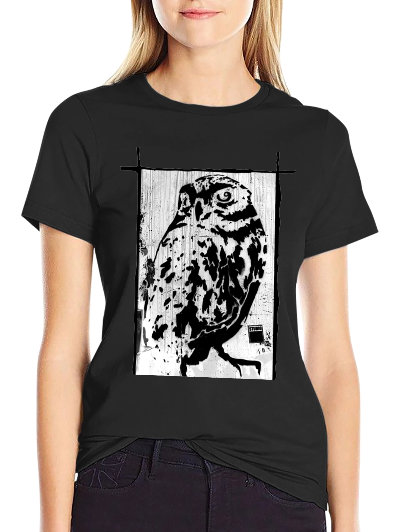 Black T-Shirt with Owl Graphic Print