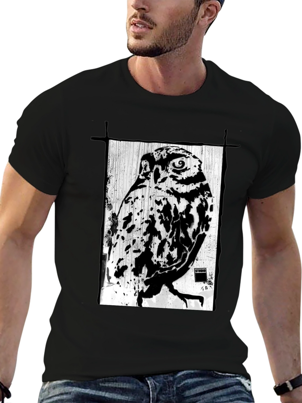 Black T-Shirt with Owl Graphic Print