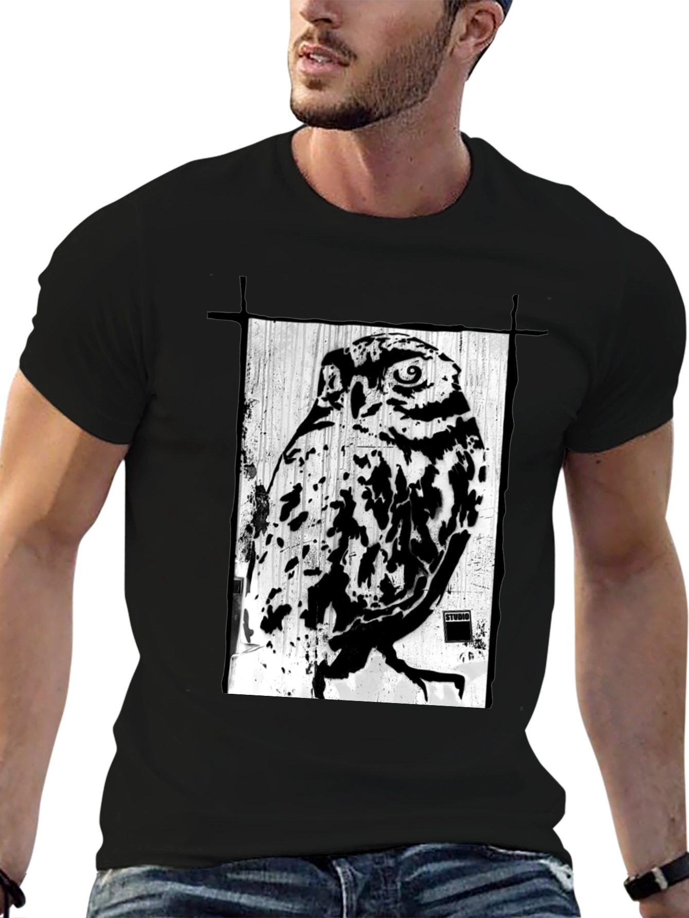 Black T-Shirt with Owl Graphic Print