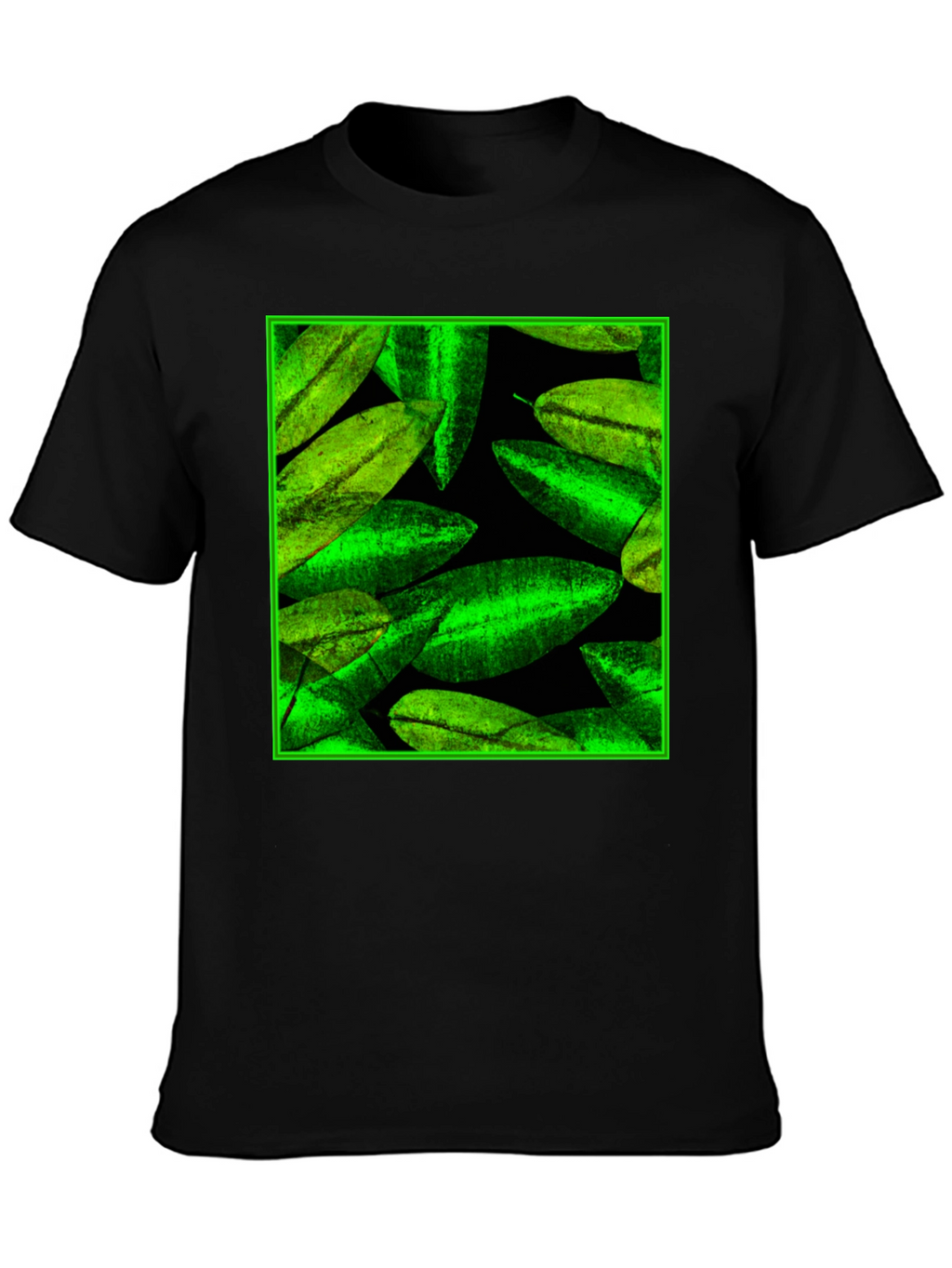 Green Leaves Pattern Black Tee