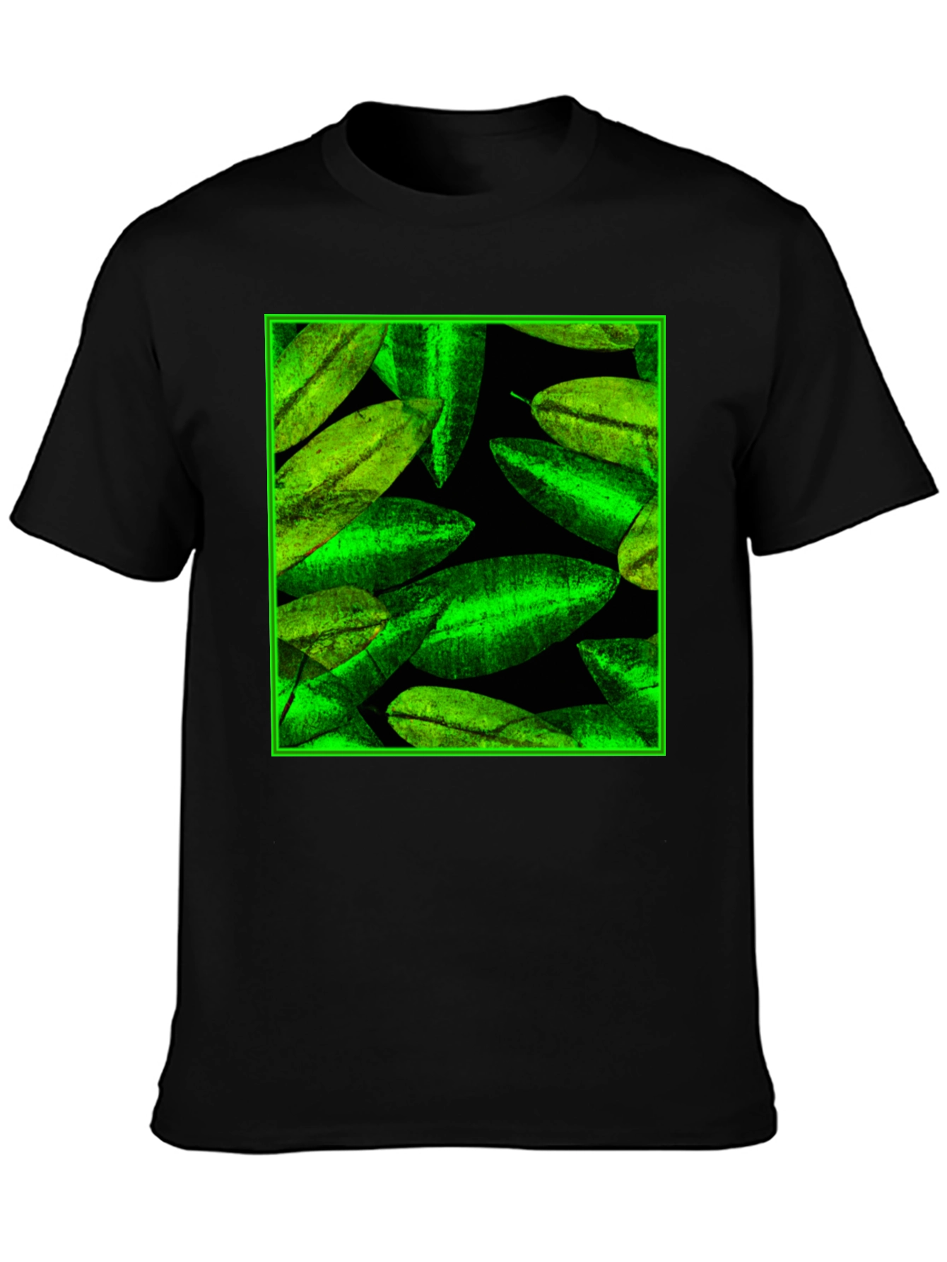 Green Leaves Pattern Black Tee