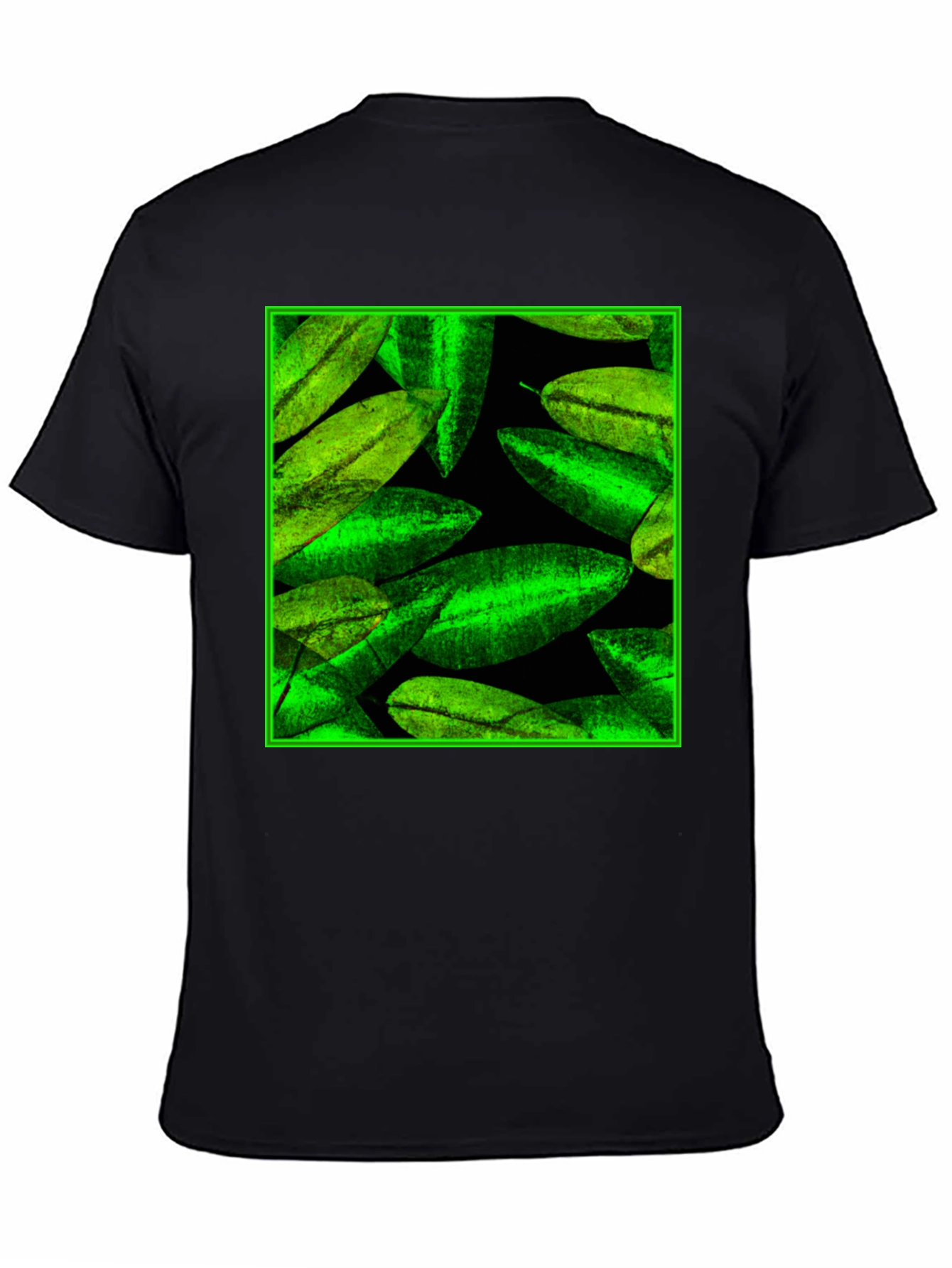 Green Leaves Pattern Black Tee